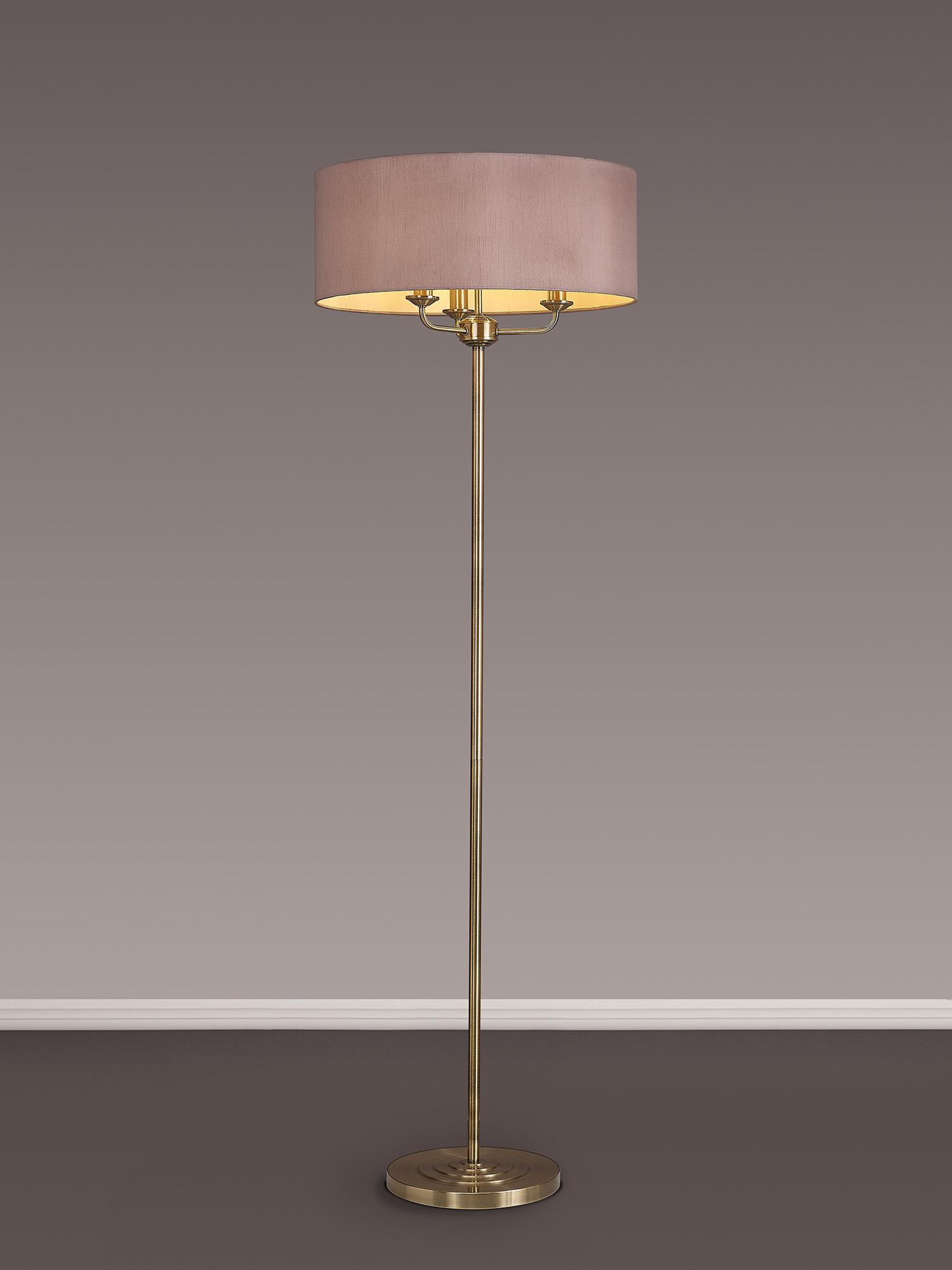 Banyan 3 Light Switched Floor Lamp With 50cm x 20cm Dual Faux Silk Shade, Taupe/Halo Gold Antique Brass