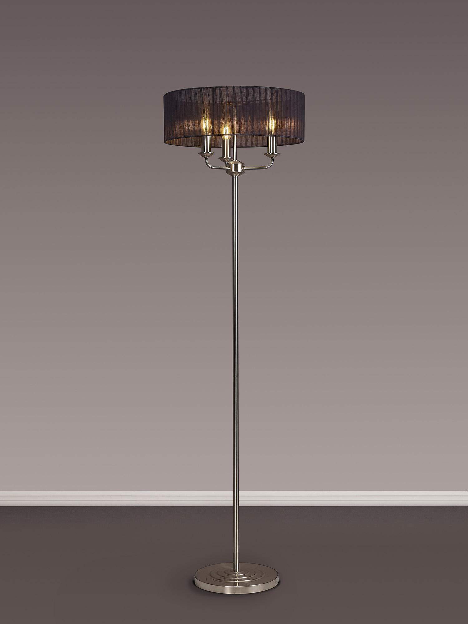 Banyan 3 Light Switched Floor Lamp With 45cm x 15cm Black Organza Shade Satin Nickel/Black