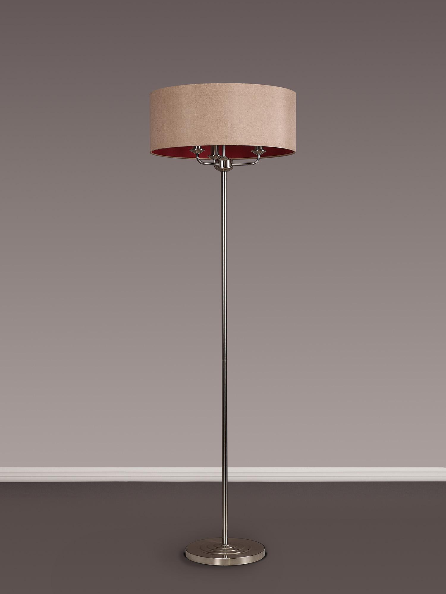 Banyan 3 Light Switched Floor Lamp With 50cm x 20cm Dual Faux Silk Shade, Antique Gold/Ruby Satin Nickel/Antique Gold