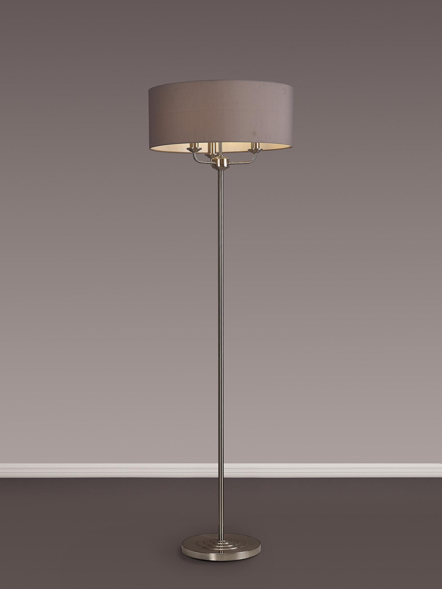 Banyan 3 Light Switched Floor Lamp With 50cm x 20cm Faux Silk Shade, Grey/White Laminate Satin Nickel