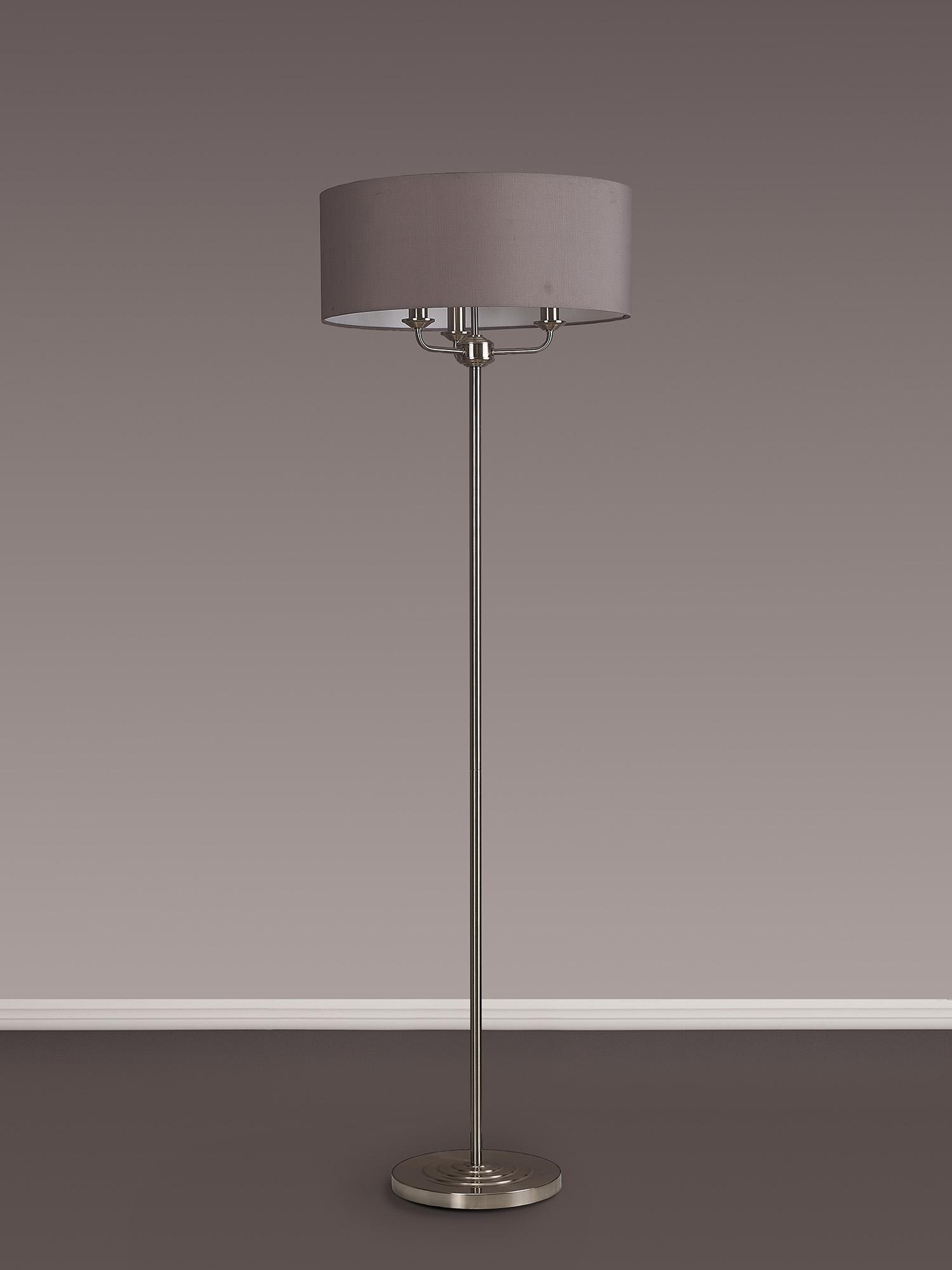 Banyan 3 Light Switched Floor Lamp With 50cm x 20cm Faux Silk Shade, Grey/White Laminate Satin Nickel
