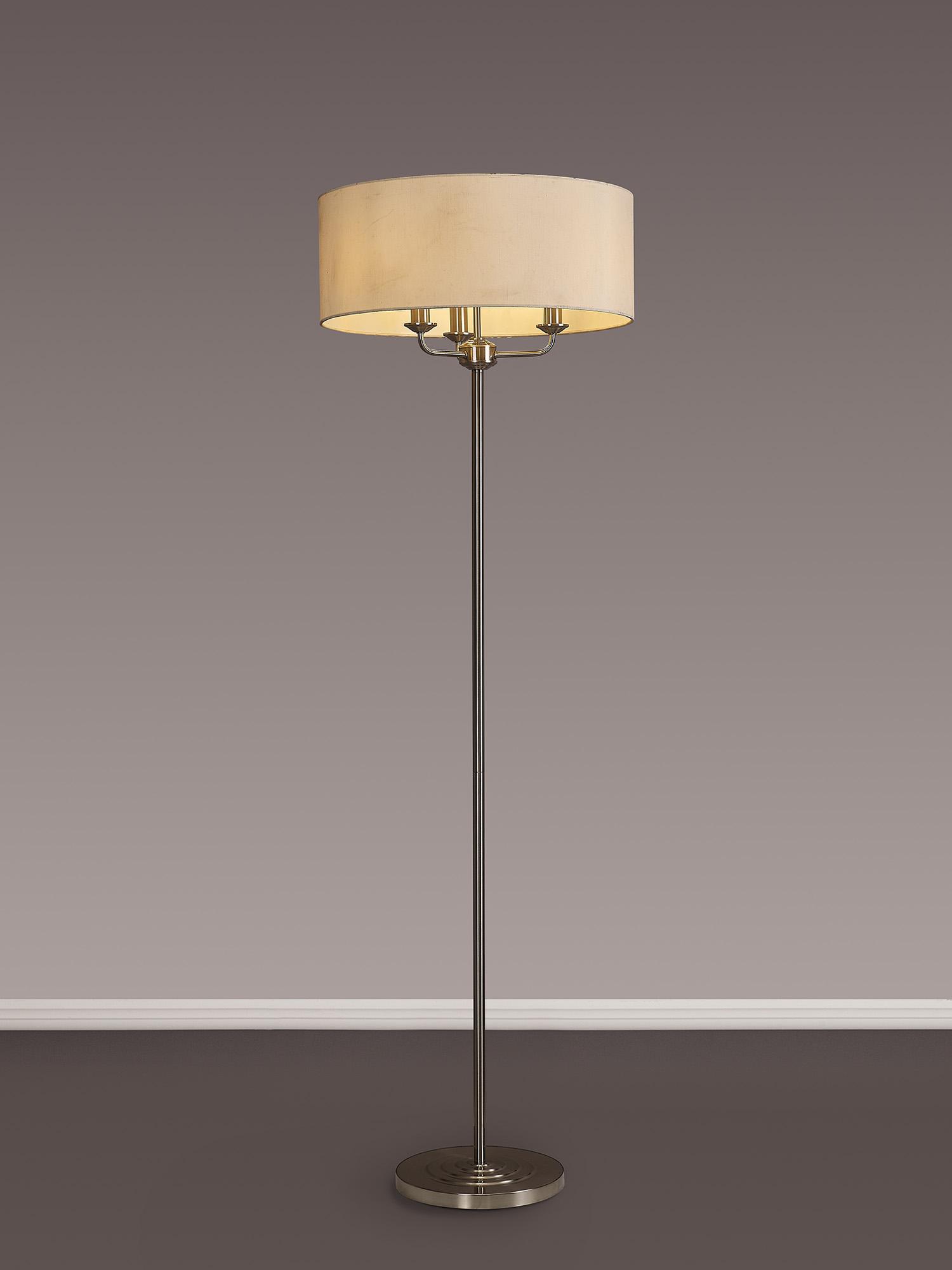 Banyan 3 Light Switched Floor Lamp With 50cm x 20cm Faux Silk Shade, Ivory Pearl/White Laminate Satin Nickel
