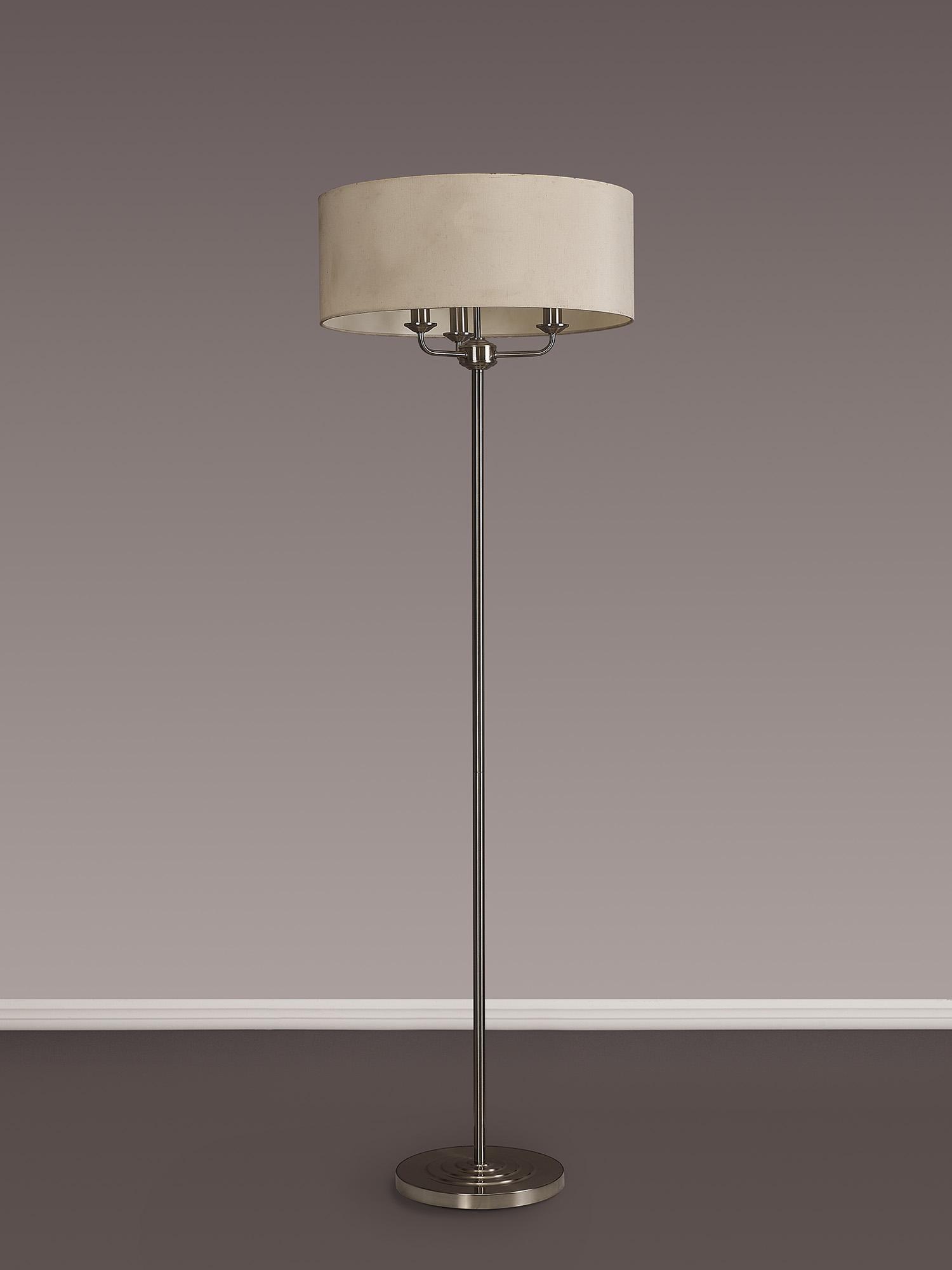 Banyan 3 Light Switched Floor Lamp With 50cm x 20cm Faux Silk Shade, Ivory Pearl/White Laminate Satin Nickel