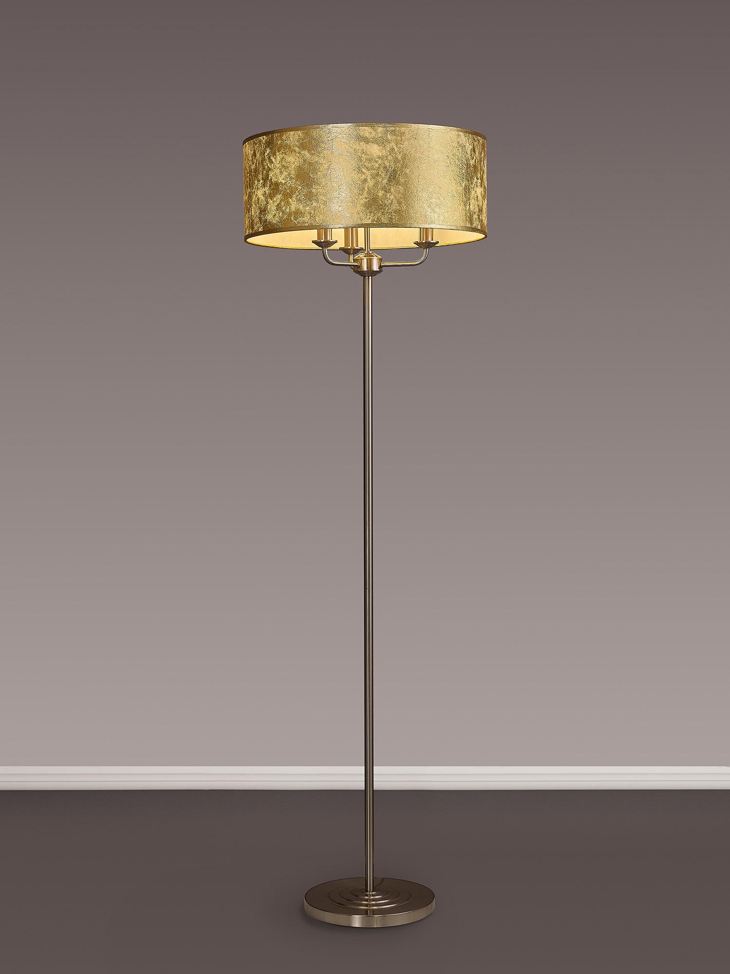 Banyan 3 Light Switched Floor Lamp With 50cm x 20cm Gold Leaf With White Lining Shade Satin Nickel/Gold Leaf