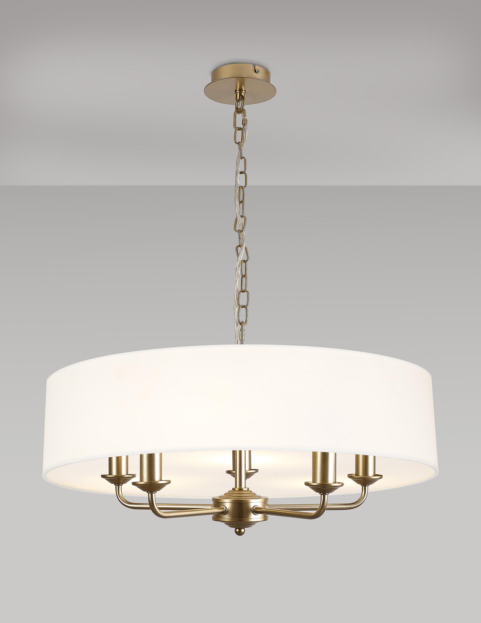 Banyan 5 Light Multi Arm Pendant With 60cm x 15cm Faux Silk Fabric Shade Champagne Gold/White