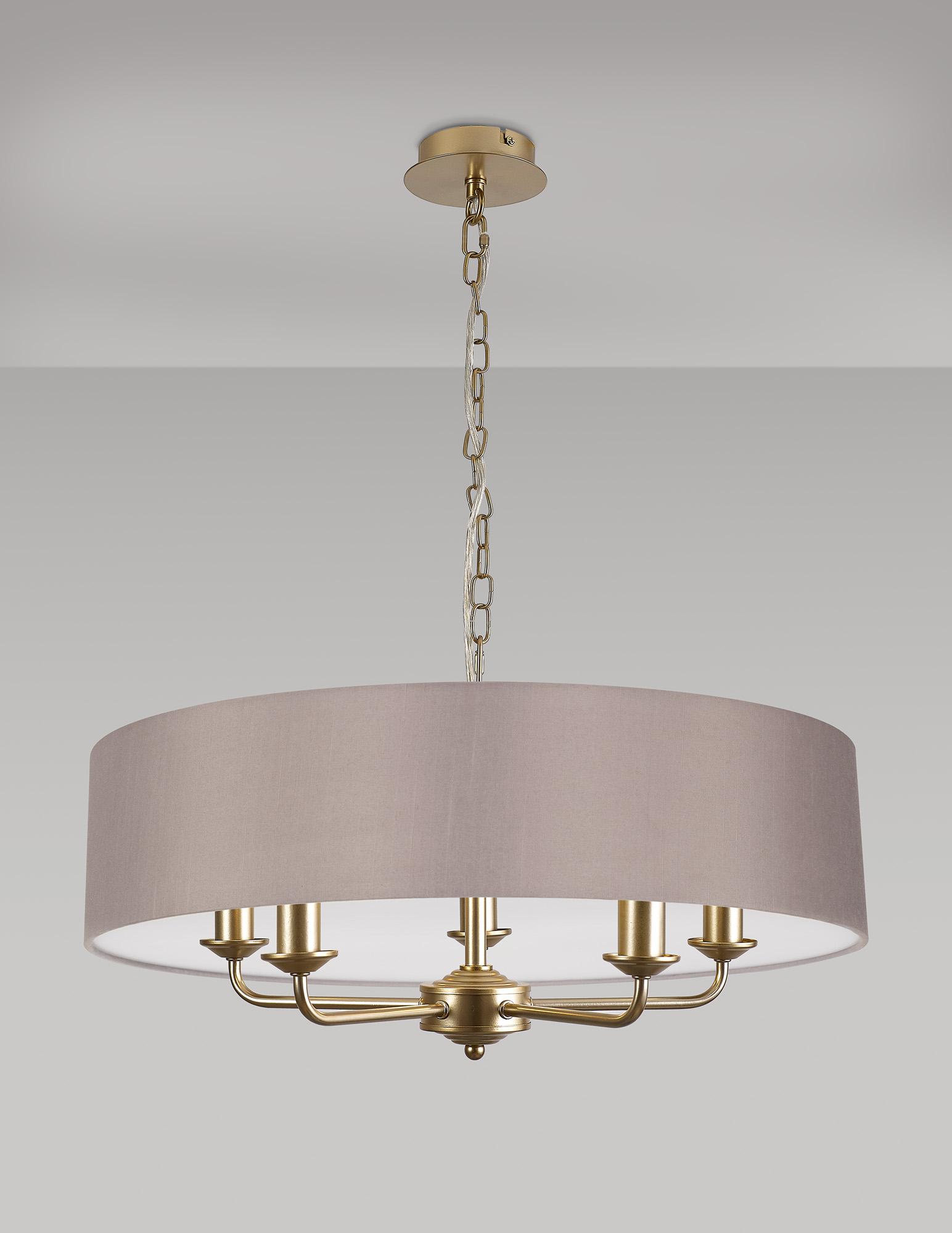 Banyan 5 Light Multi Arm Pendant With 60cm x 15cm Faux Silk Fabric Shade Champagne Gold/Grey