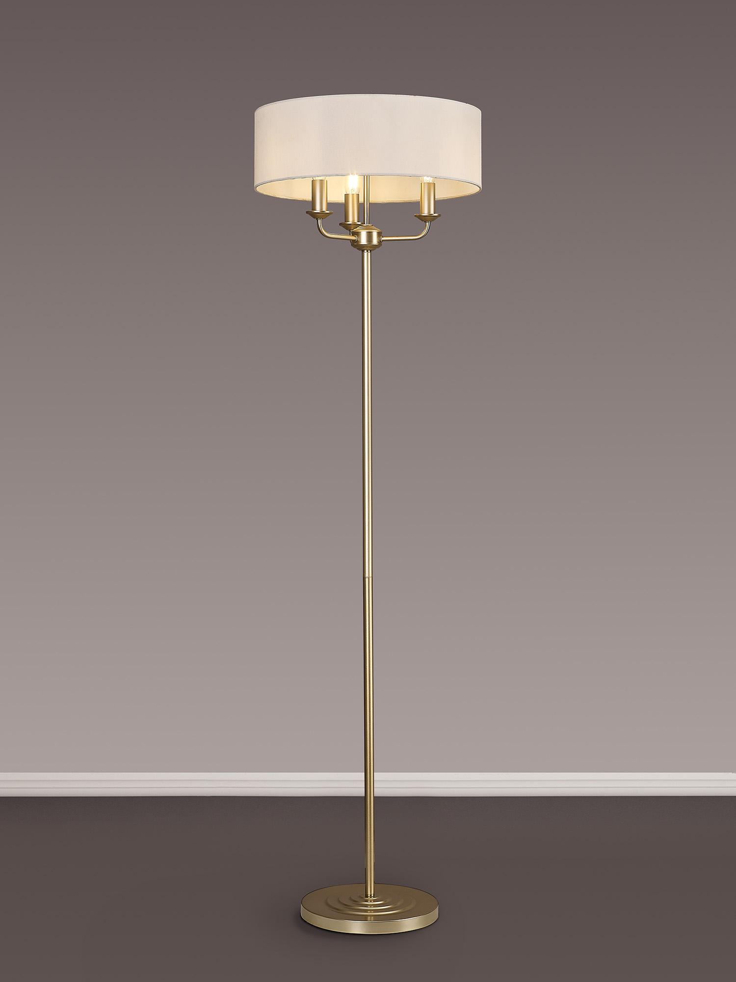 Banyan 3 Light Switched Floor Lamp With 45cm x 15cm Faux Silk Fabric Shade Champagne Gold/White