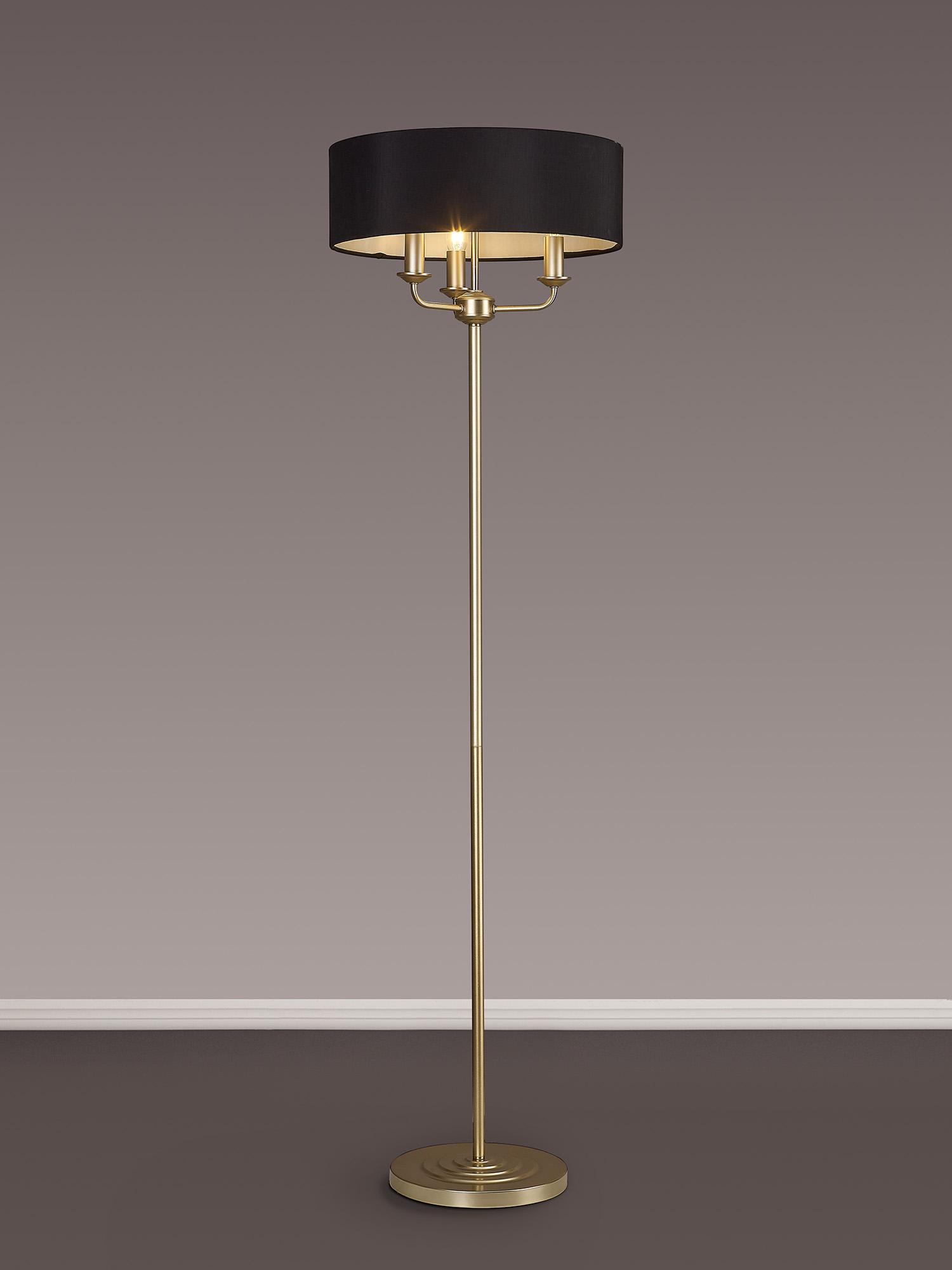 Banyan 3 Light Switched Floor Lamp With 45cm x 15cm Faux Silk Fabric Shade Champagne Gold/Black
