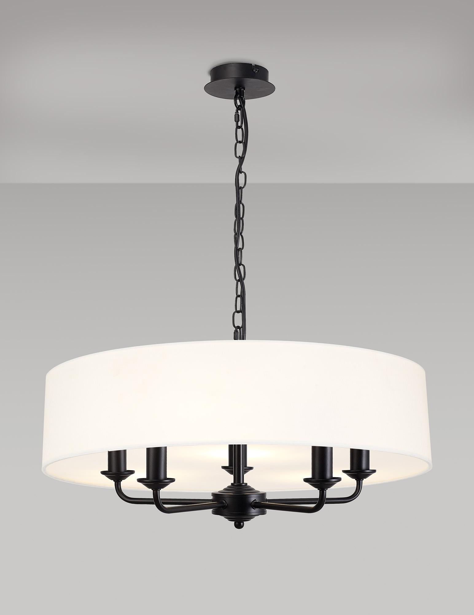 Banyan 5 Light Multi Arm Pendant With 60cm x 15cm Faux Silk Fabric Shade Matt Black/White