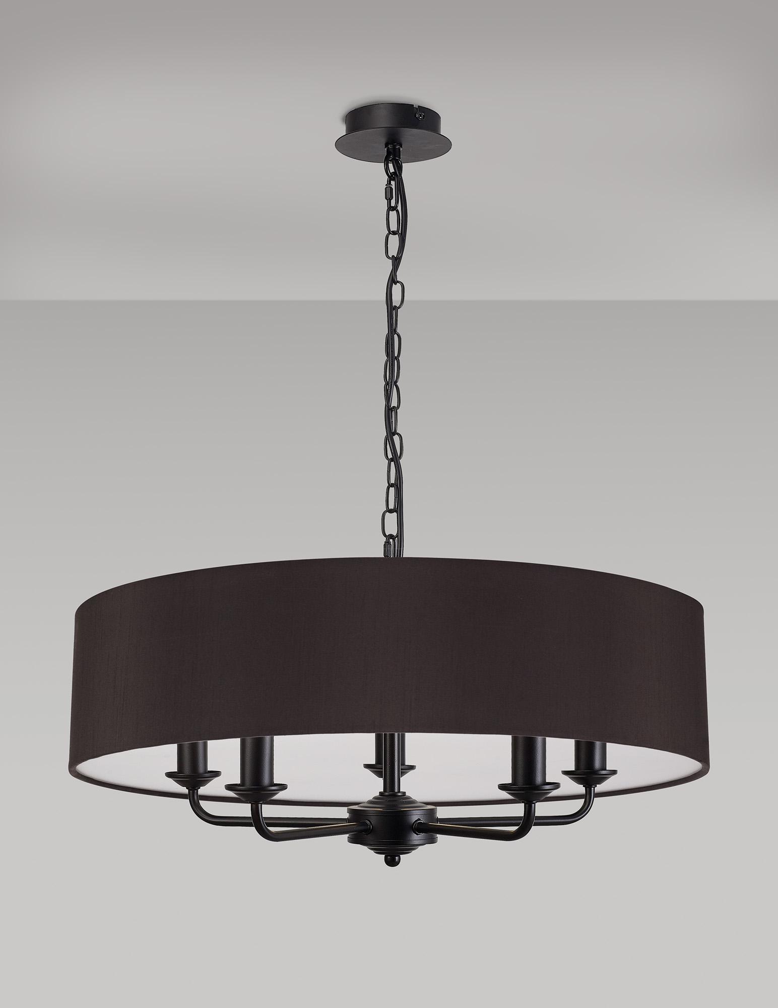 Banyan 5 Light Multi Arm Pendant With 60cm x 15cm Faux Silk Fabric Shade Matt Black/Black
