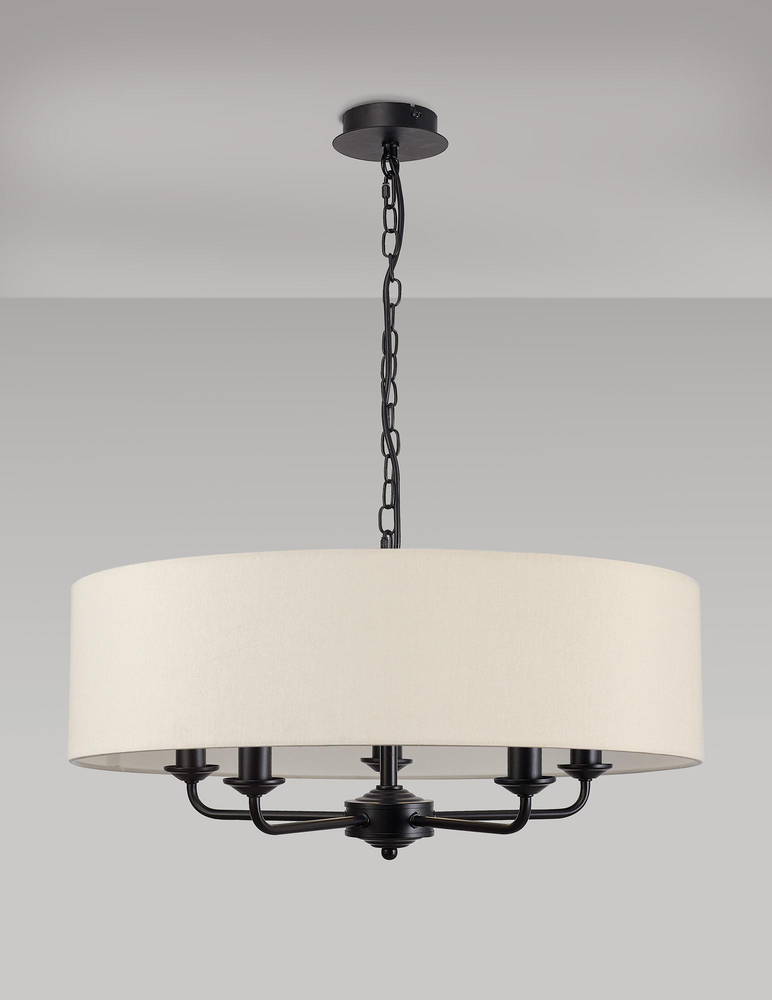 Banyan 5 Light Multi Arm Pendant With 60cm x 15cm Faux Silk Fabric Shade Matt Black/Ivory Pearl