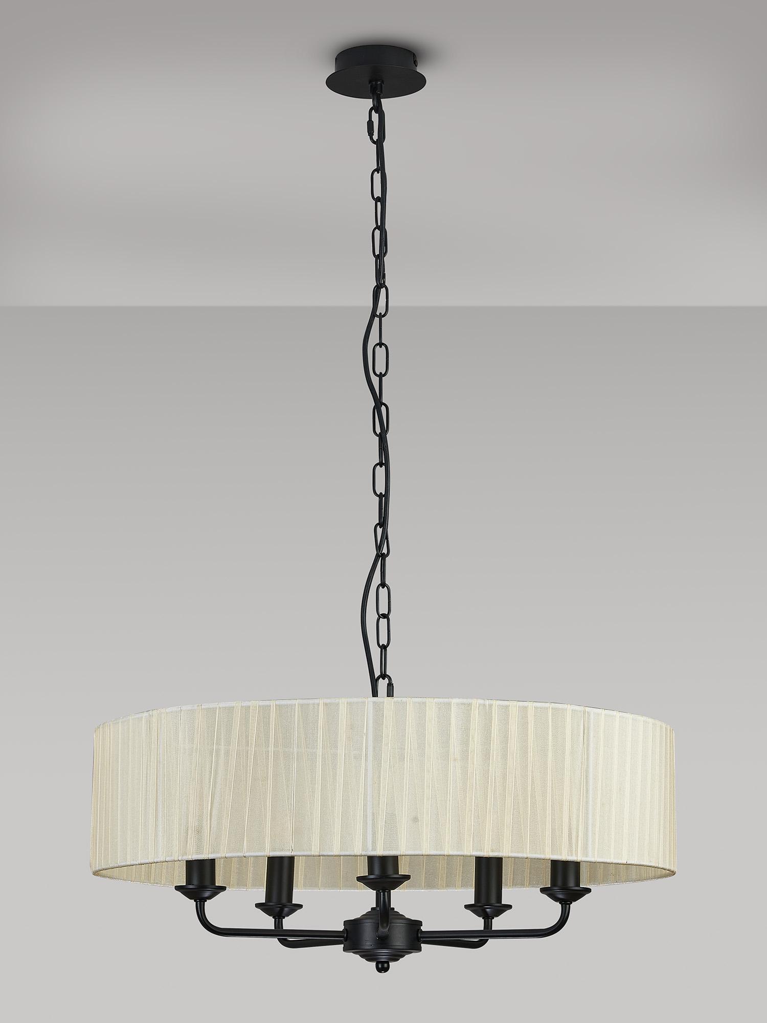 Banyan 5 Light Multi Arm Pendant With 60cm x 15cm Organza Shade Matt Black/Cream
