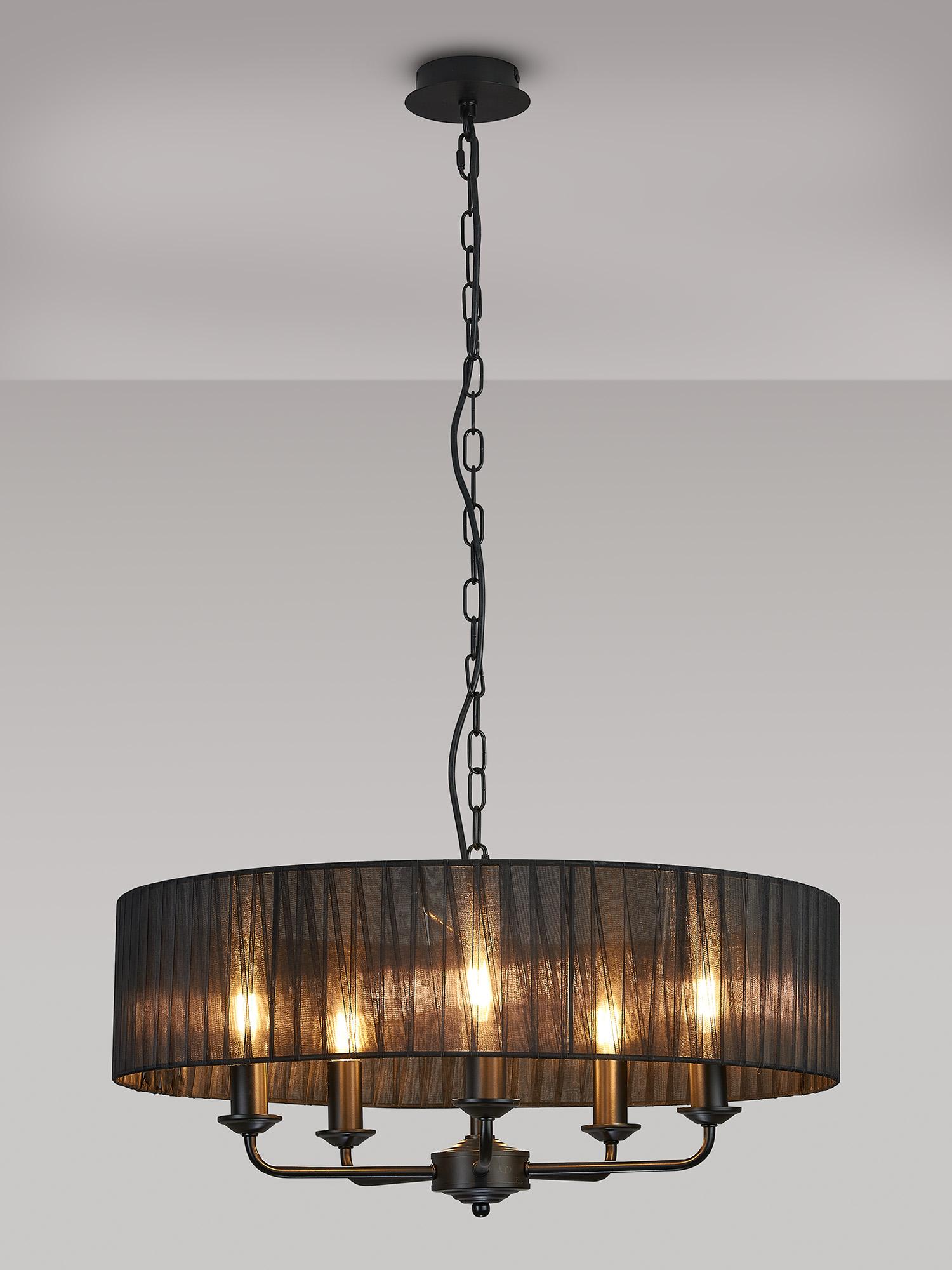Banyan 5 Light Multi Arm Pendant With 60cm x 15cm Organza Shade Matt Black/Black