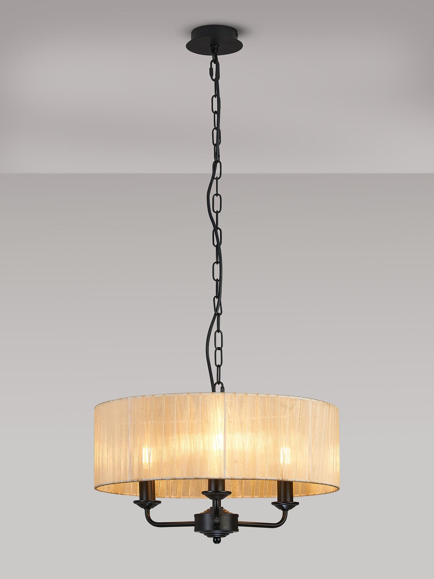 Banyan 3 Light Multi Arm Pendant With 45cm x 15cm Organza Shade Matt Black/Soft Bronze