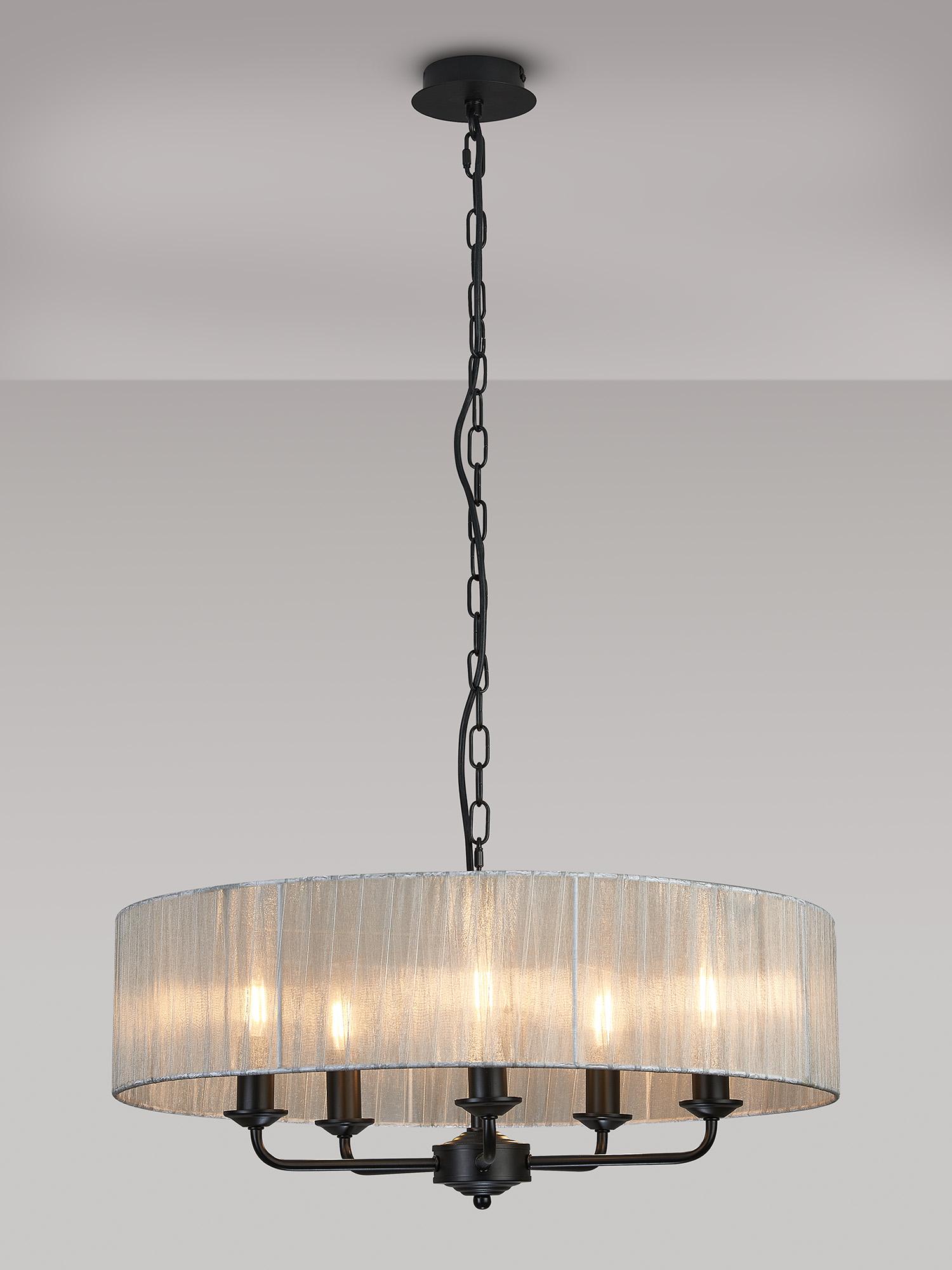 Banyan 5 Light Multi Arm Pendant With 60cm x 15cm Organza Shade Matt Black/Grey