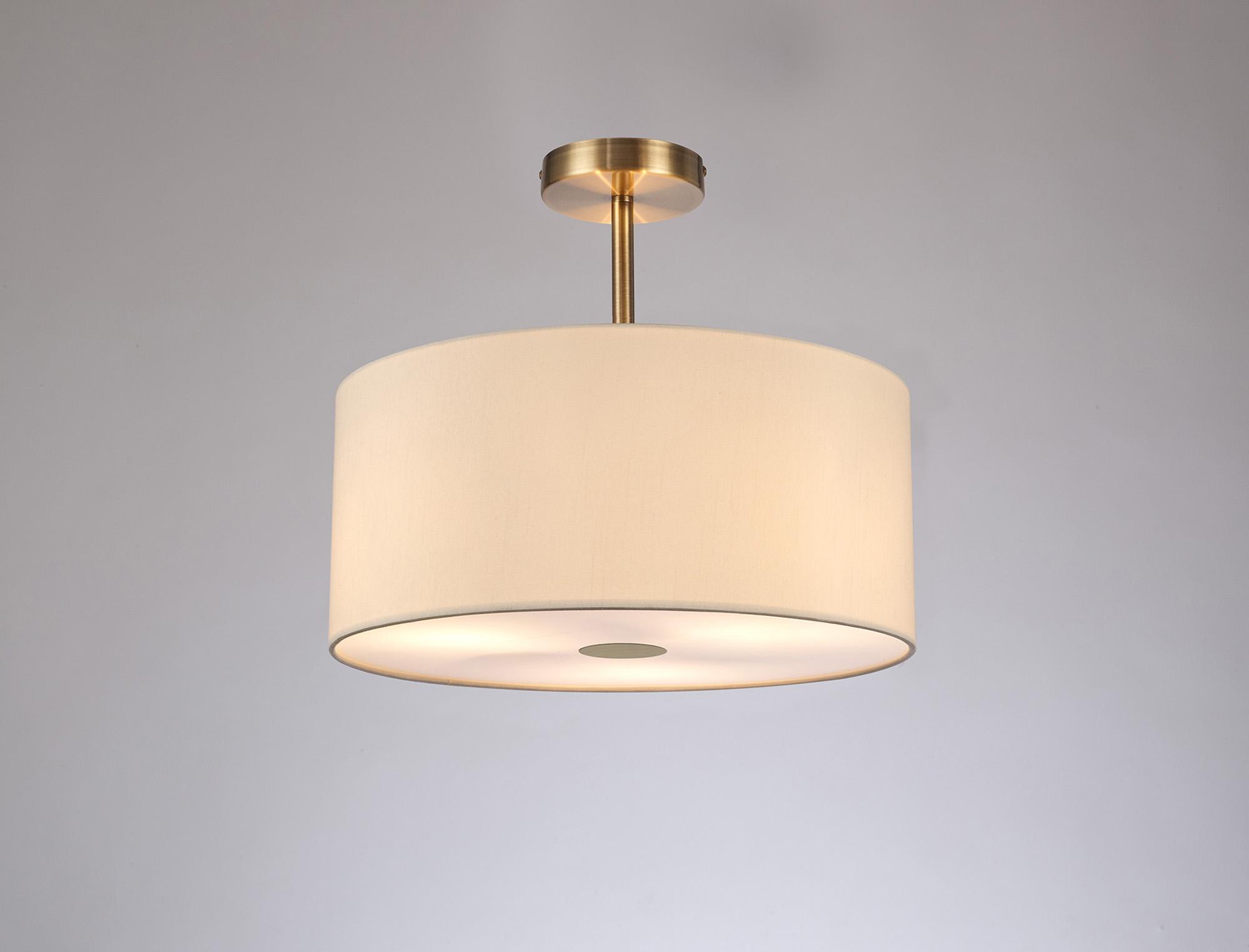 Baymont Antique Brass 3 Light E27 Semi Flush With 40cm x 18cm Faux Silk Shade, Ivory Pearl/White Laminate & Frosted/AB Acrylic Diffuser