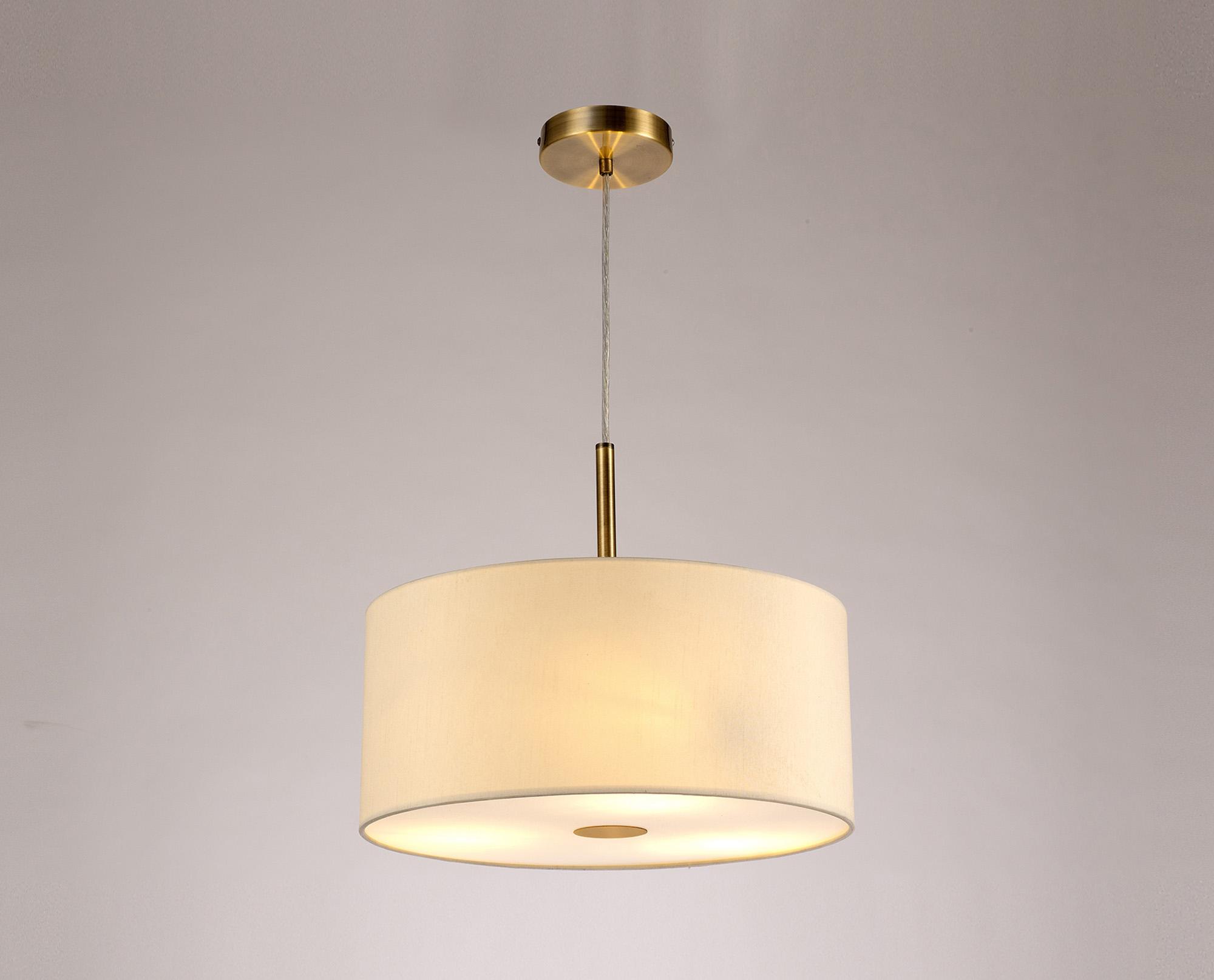 Baymont Antique Brass  3 Light E27 Single Pendant With 40cm x 18cm Faux Silk Shade, Ivory Pearl/White Laminate & Frosted/AB Acrylic Diffuser