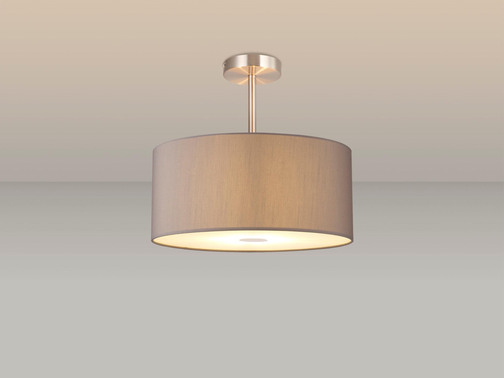 Baymont Satin Nickel 3 Light E27 Semi Flush With 40cm x 18cm Faux Silk Shade, Grey/White Laminate & Frosted/SN Acrylic Diffuser