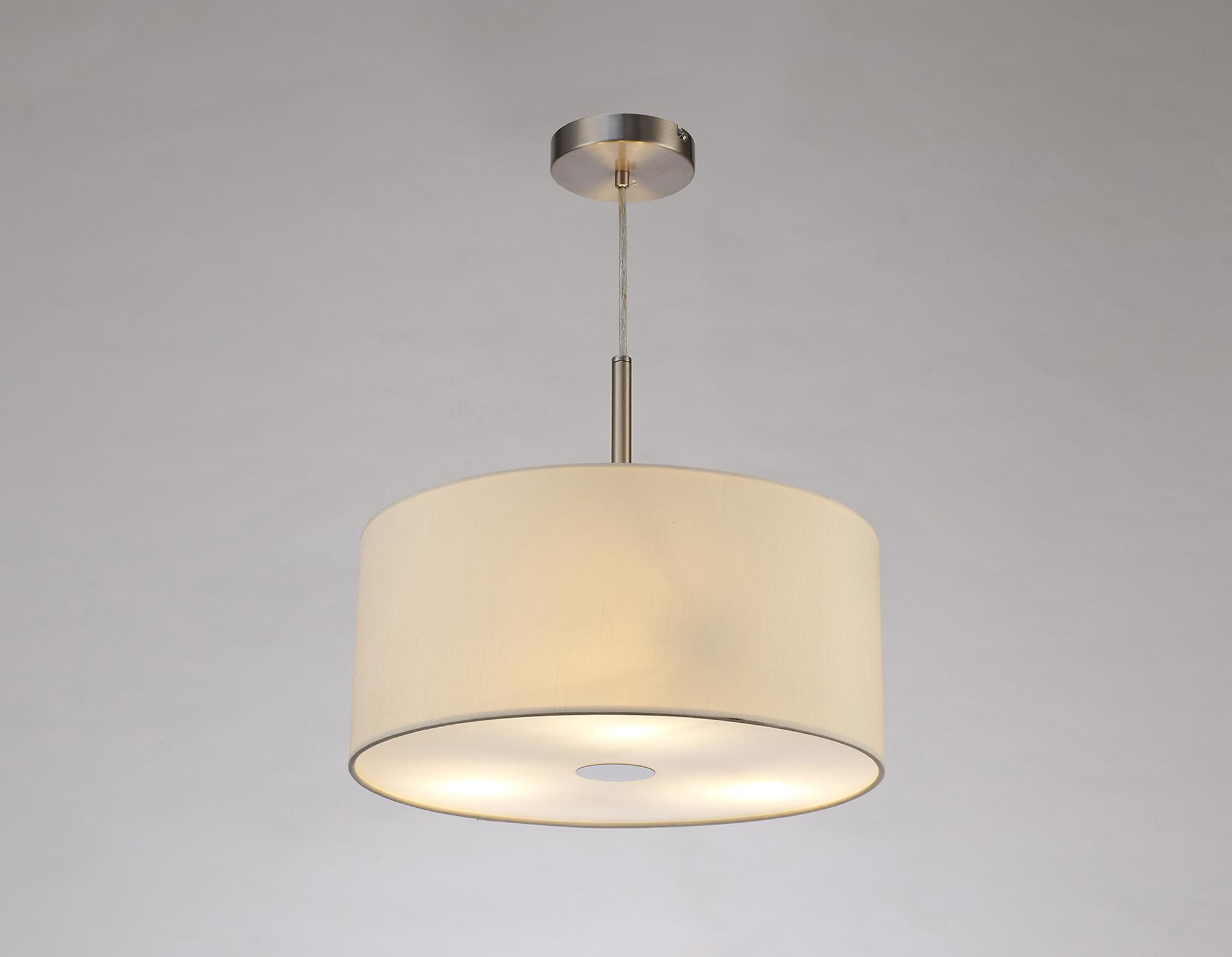 Baymont Satin Nickel  3 Light E27 Single Pendant With 40cm x 18cm Faux Silk Shade, Ivory Pearl/White Laminate & Frosted/SN Acrylic Diffuser