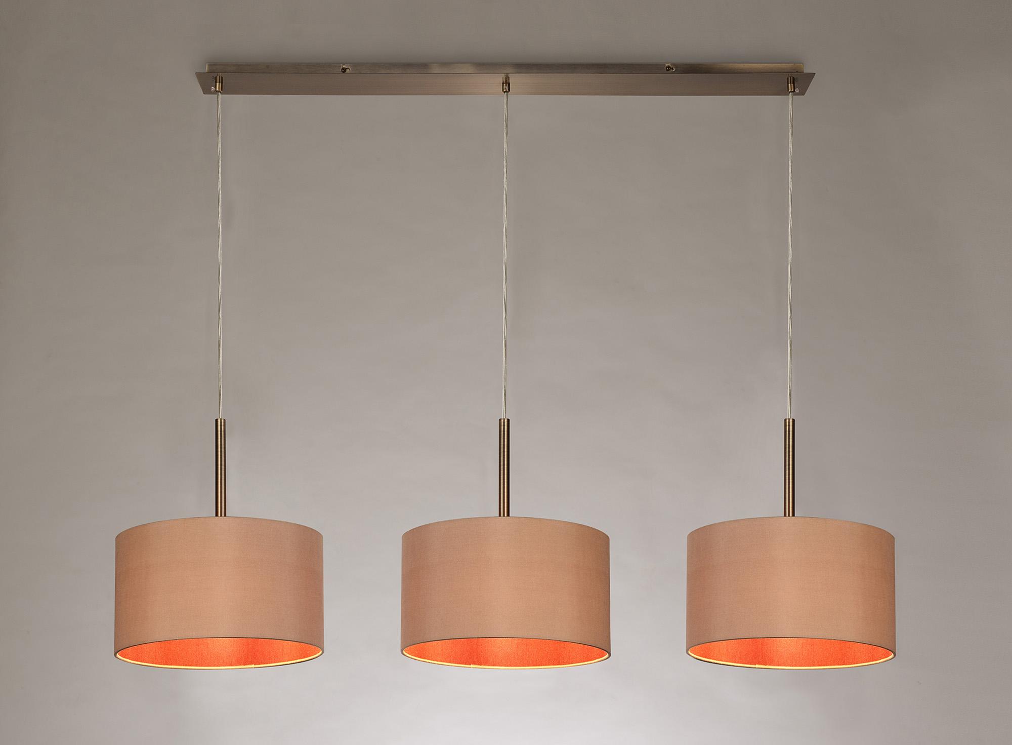 Baymont Antique Brass 3 Light E27  Linear Pendant With 30cm x 17cm Dual Faux Silk Shade, Antique Gold/Ruby
