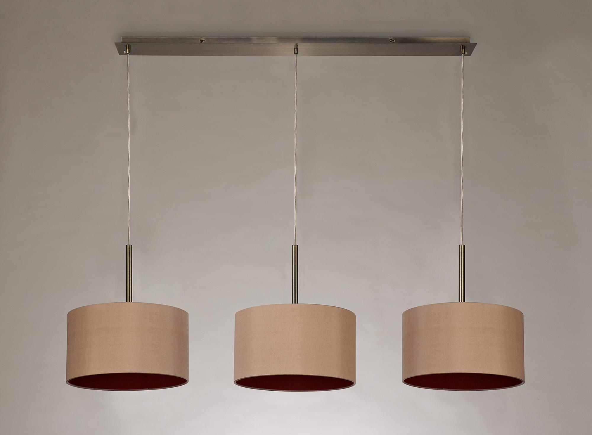 Baymont Antique Brass 3 Light E27  Linear Pendant With 30cm x 17cm Dual Faux Silk Shade, Antique Gold/Ruby