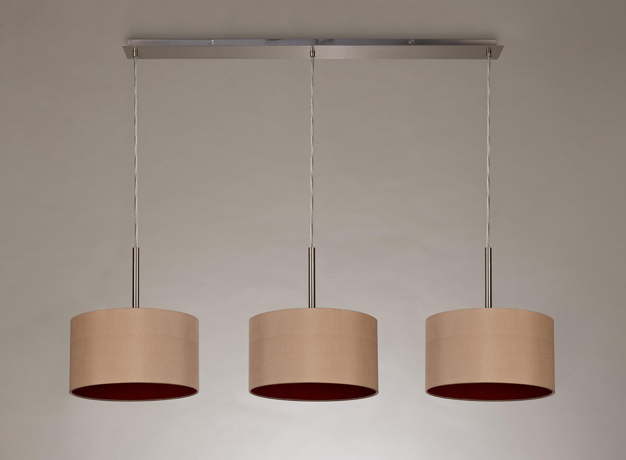 Baymont Satin Nickel 3 Light E27  Linear Pendant With 30cm x 17cm Dual Faux Silk Shade, Antique Gold/Ruby