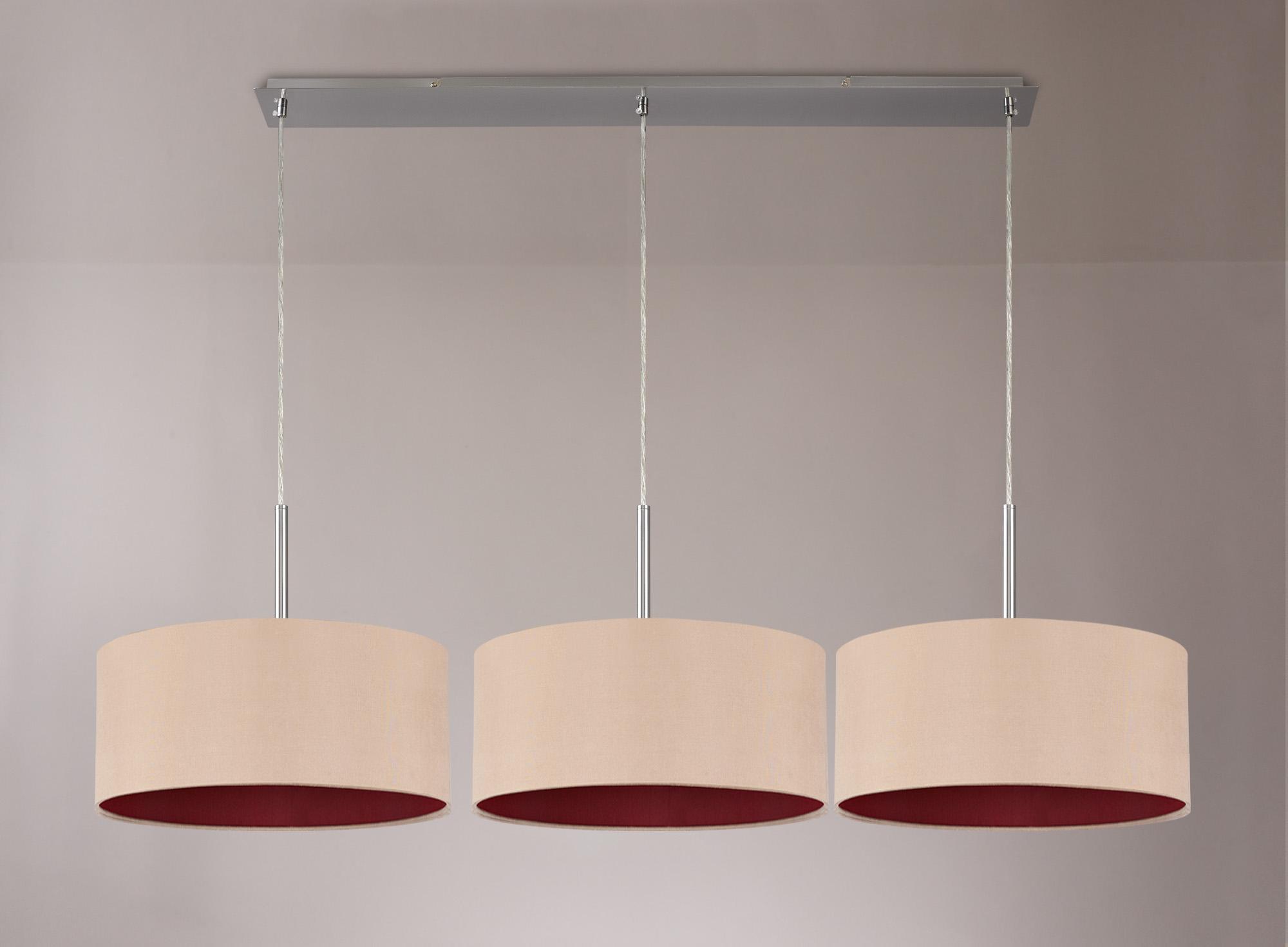 Baymont Satin Nickel 3 Light E27  Linear Pendant With 40cm x 18cm Dual Faux Silk Shade, Antique Gold/Ruby
