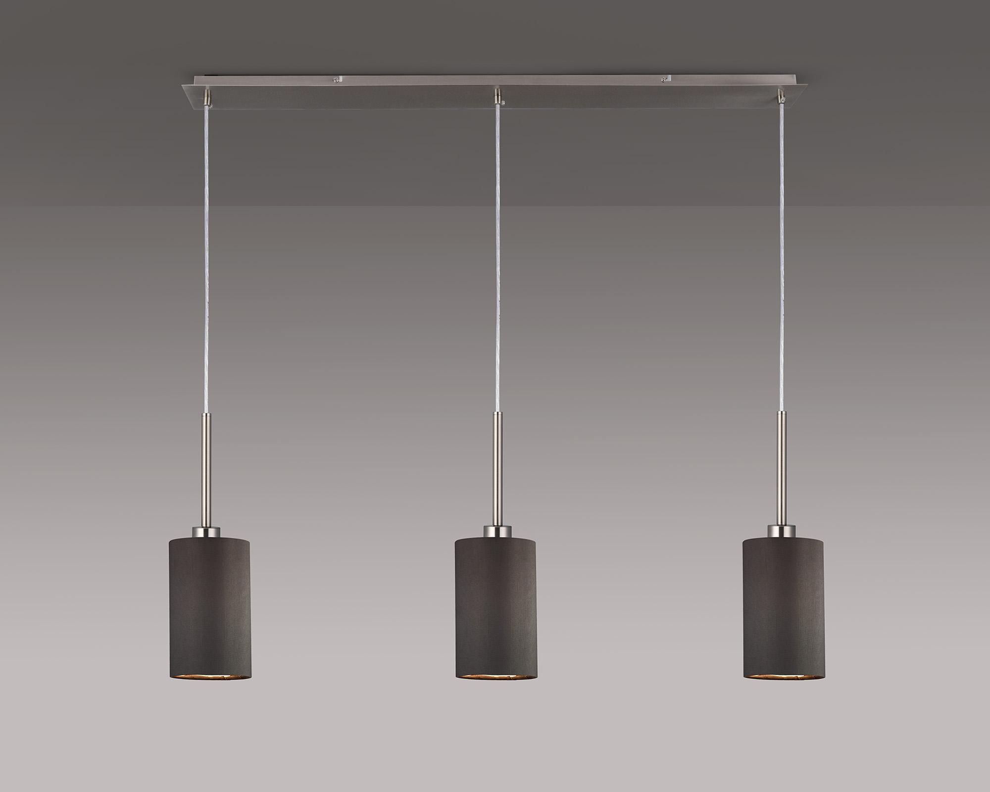Baymont Satin Nickel 3 Light E27  Linear Pendant, With 12cm Faux Silk Shade, Grey