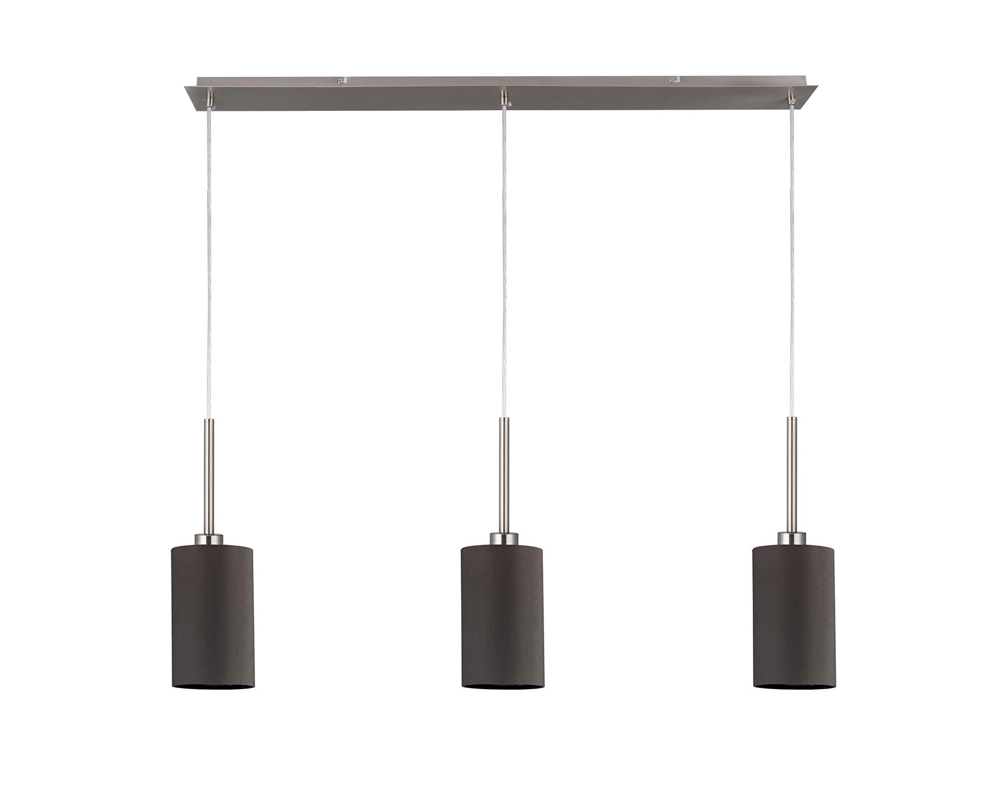 Baymont Satin Nickel 3 Light E27  Linear Pendant, With 12cm Faux Silk Shade, Grey