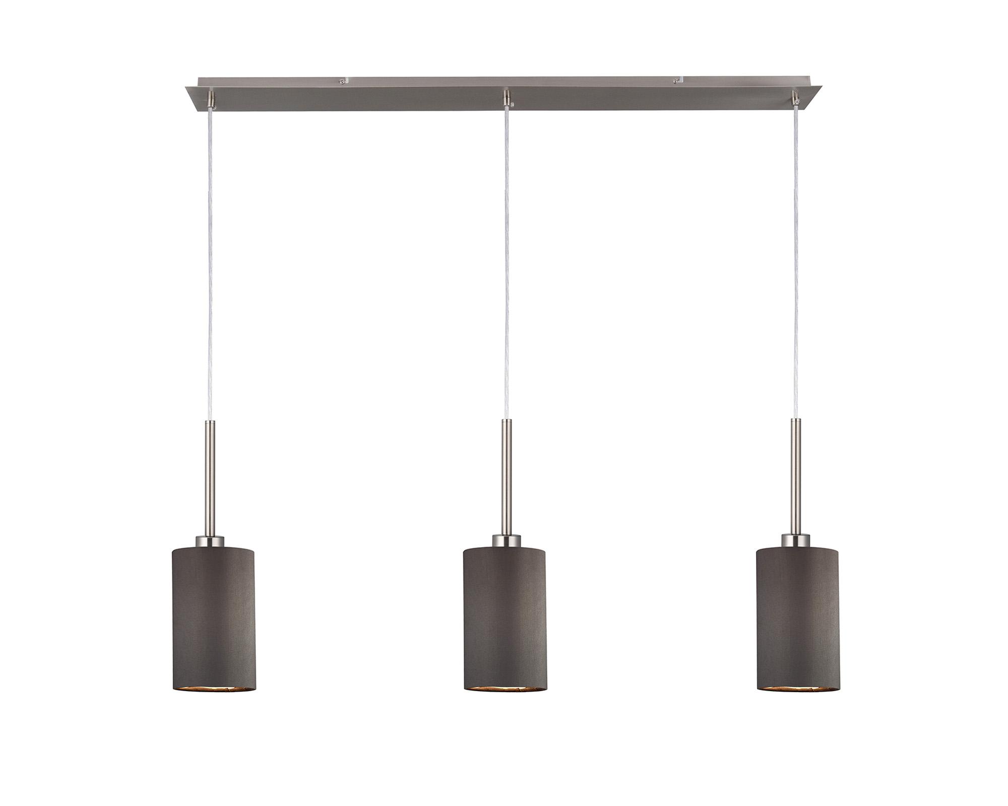 Baymont Satin Nickel 3 Light E27  Linear Pendant, With 12cm Faux Silk Shade, Grey