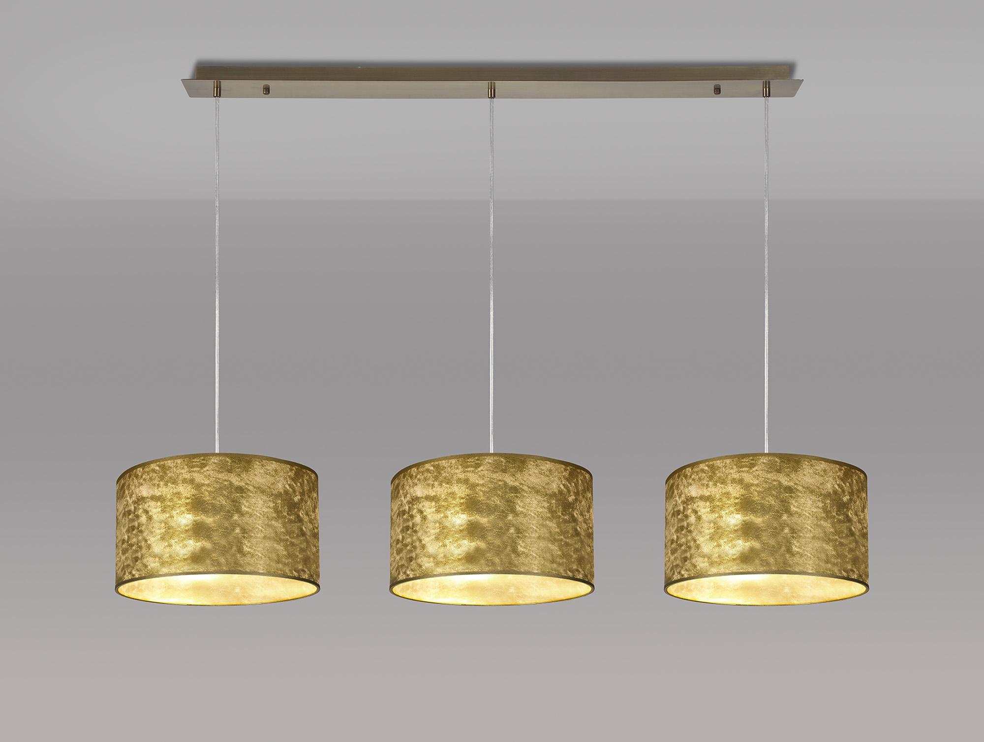 Baymont Antique Brass 3 Light E27 Linear Pendant With 30cm x 17cm Gold Leaf Shade 2m