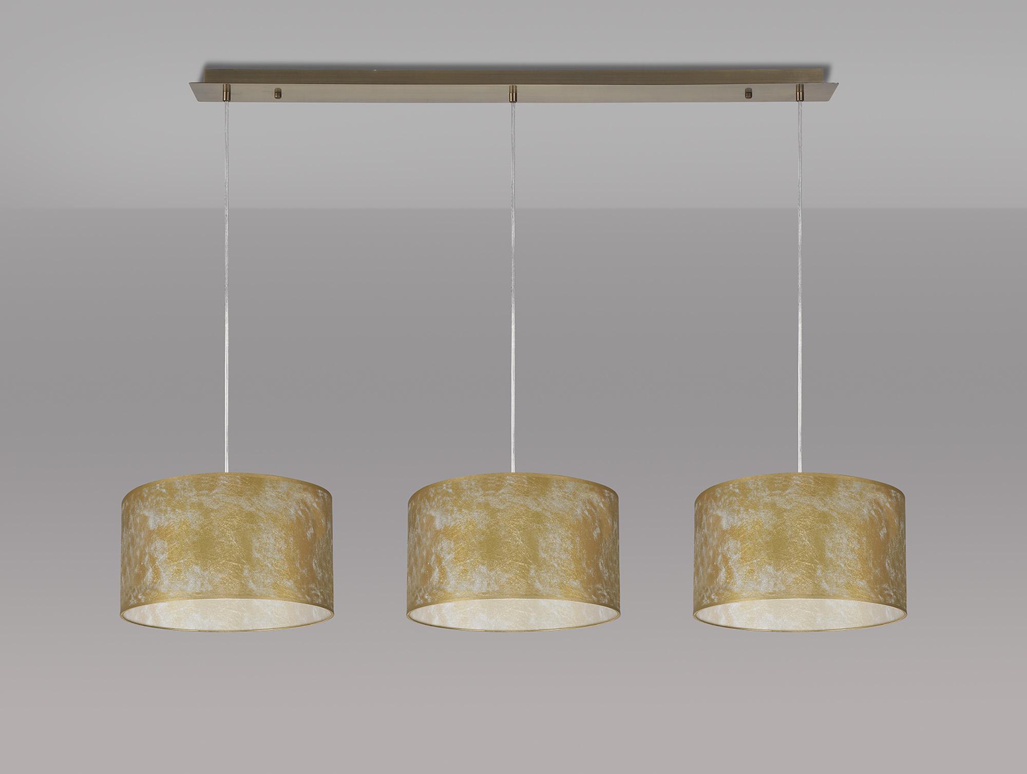 Baymont Antique Brass 3 Light E27 Linear Pendant With 30cm x 17cm Gold Leaf Shade 2m