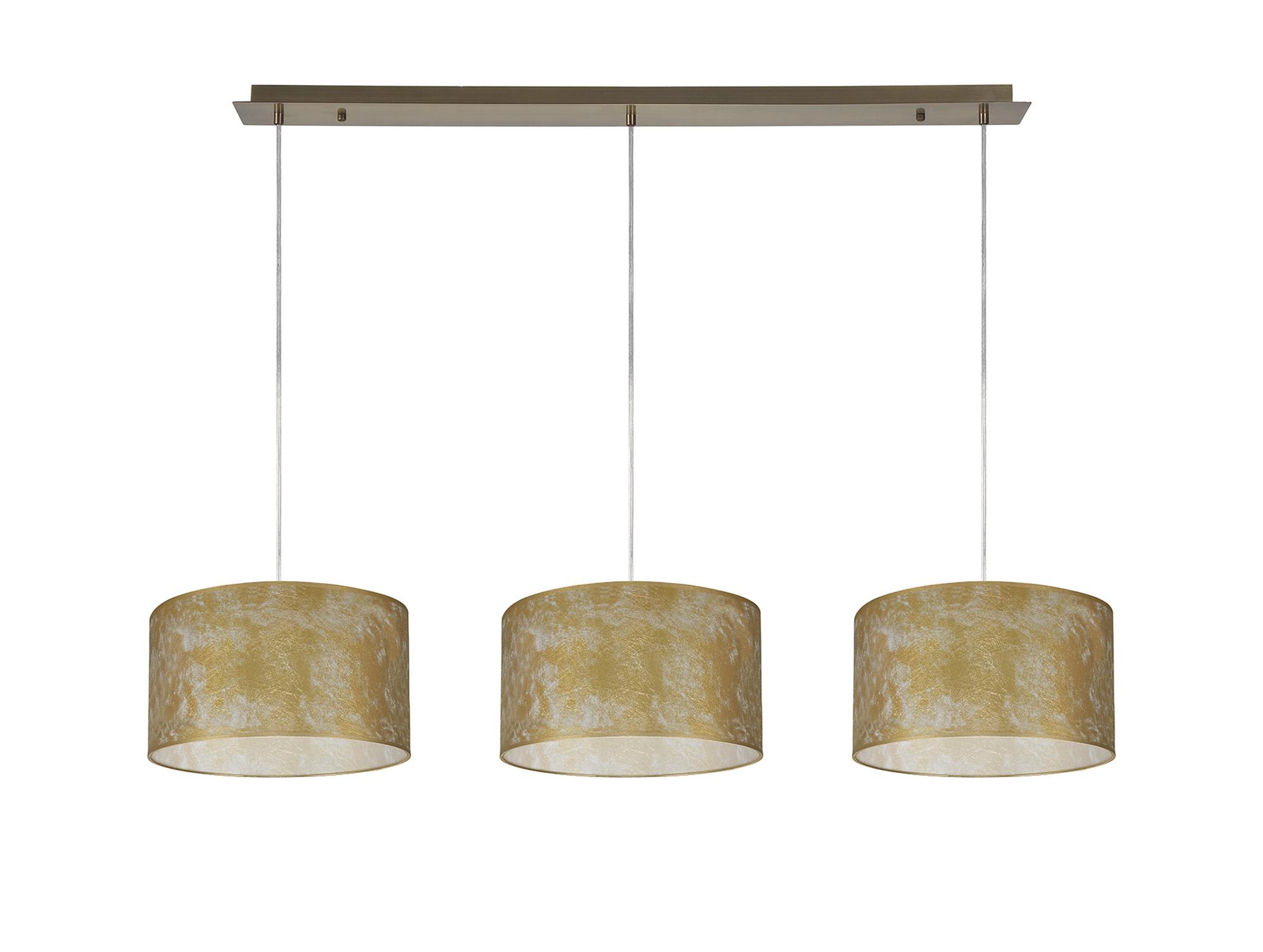 Baymont Antique Brass 3 Light E27 Linear Pendant With 30cm x 17cm Gold Leaf Shade 2m