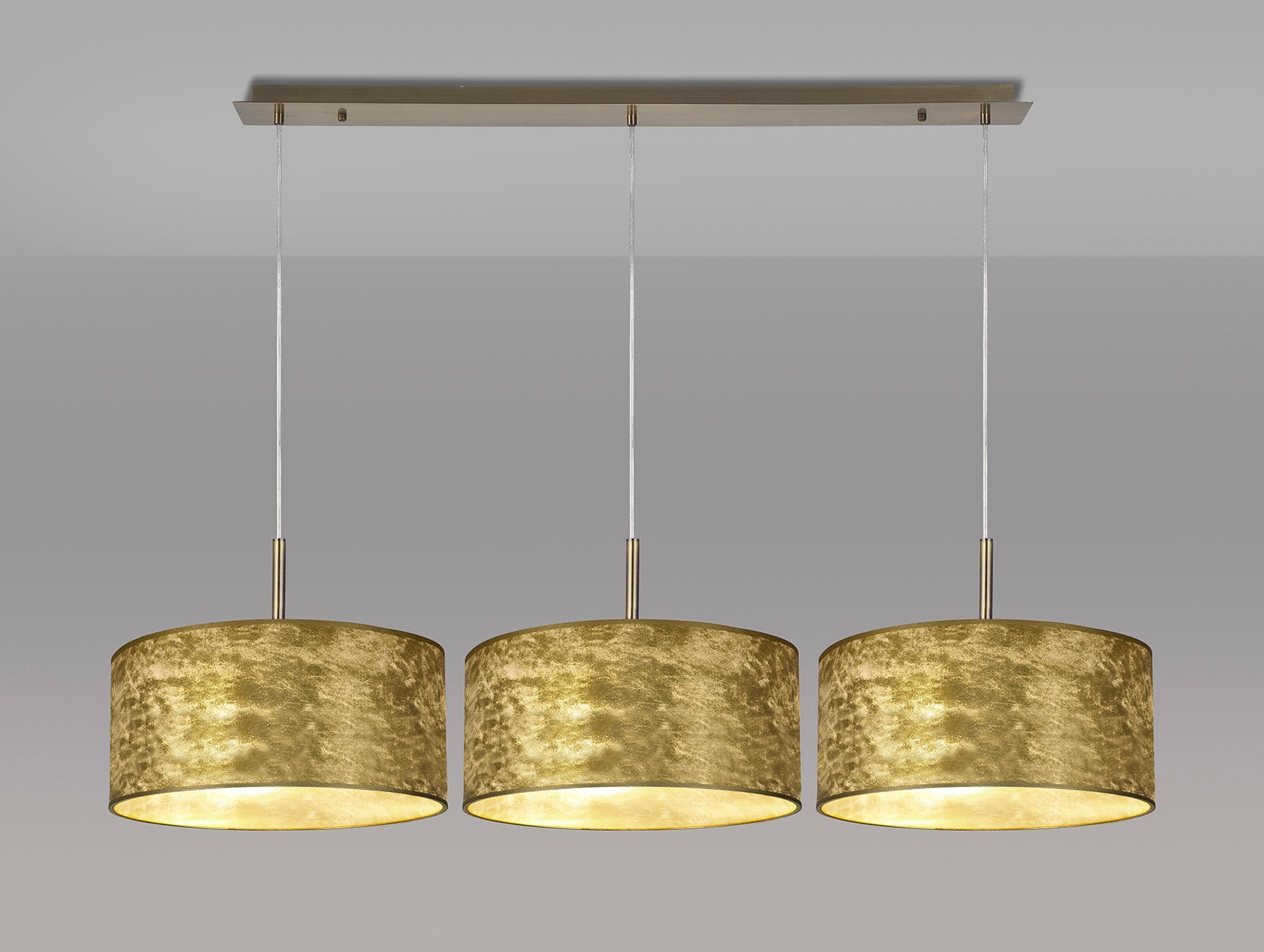 Baymont Antique Brass 3 Light E27 Linear Pendant With 40cm x 18cm Gold Leaf Shade 3m