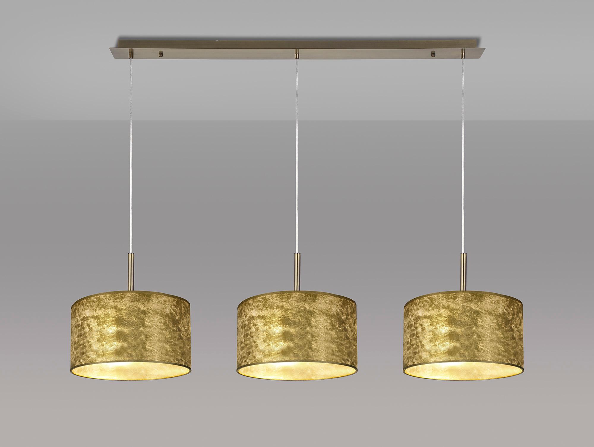 Baymont Antique Brass 3 Light E27 Linear Pendant With 30cm x 17cm Gold Leaf Shade 3m