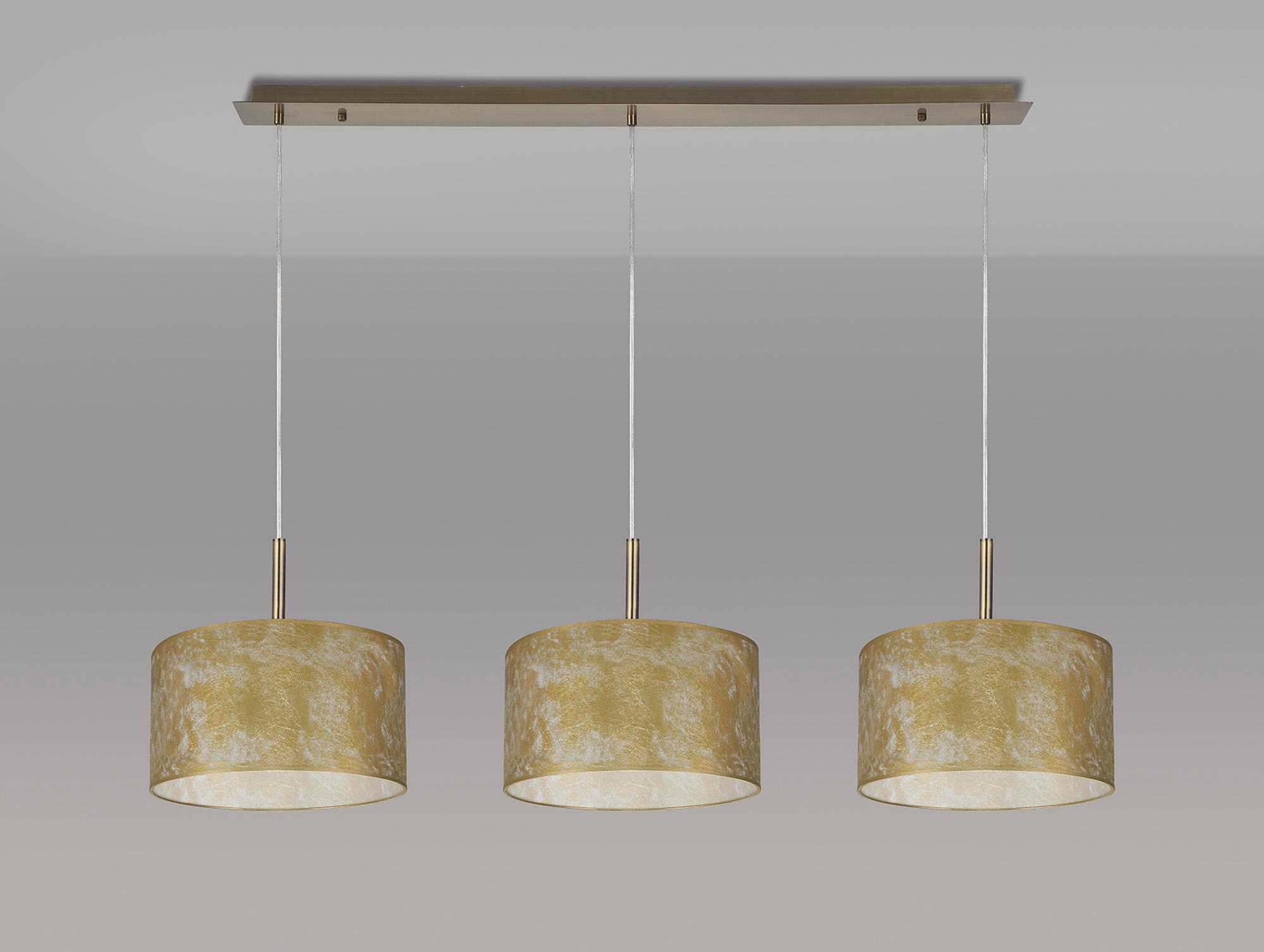 Baymont Antique Brass 3 Light E27 Linear Pendant With 30cm x 17cm Gold Leaf Shade 3m