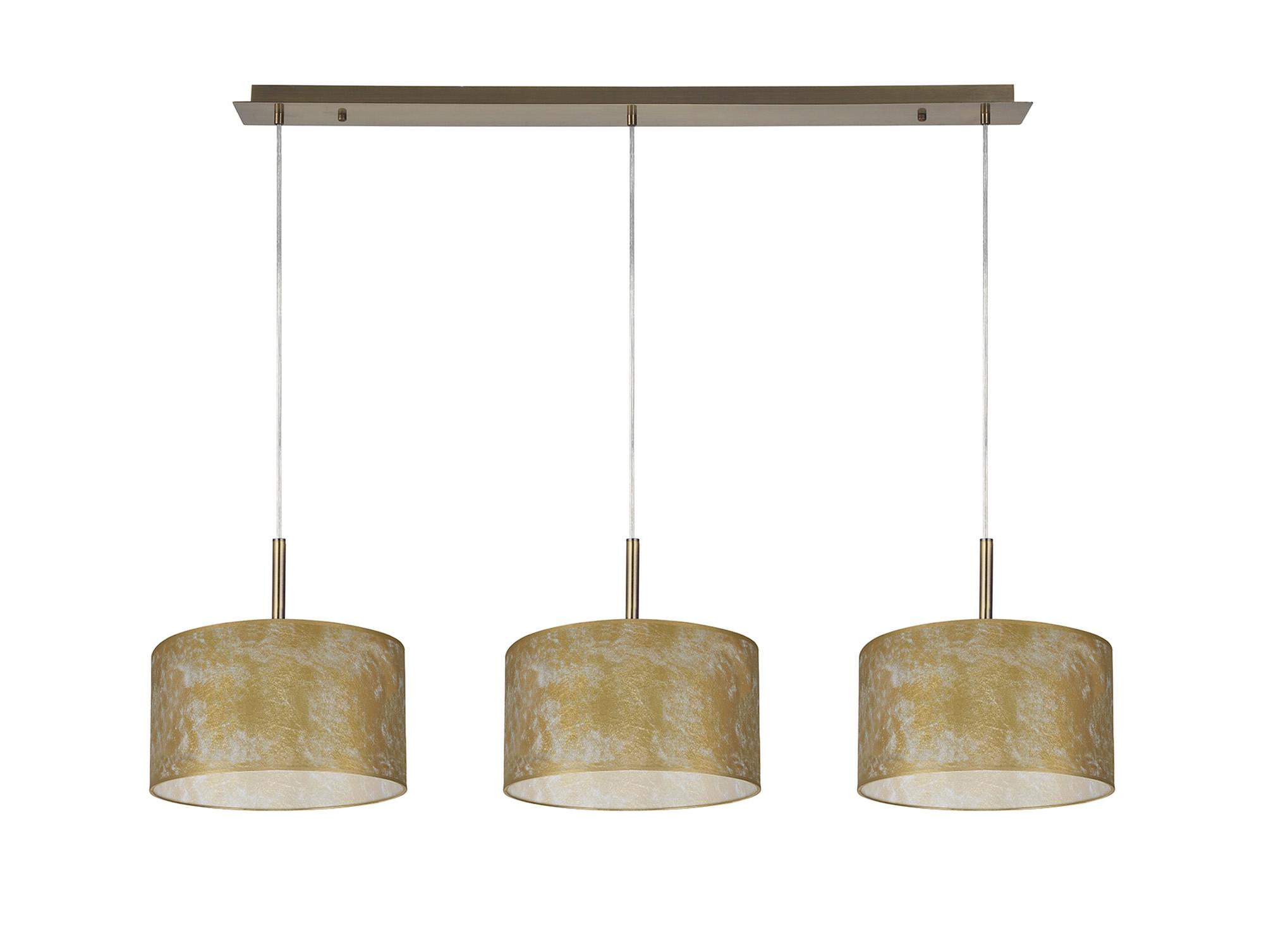 Baymont Antique Brass 3 Light E27 Linear Pendant With 30cm x 17cm Gold Leaf Shade 3m