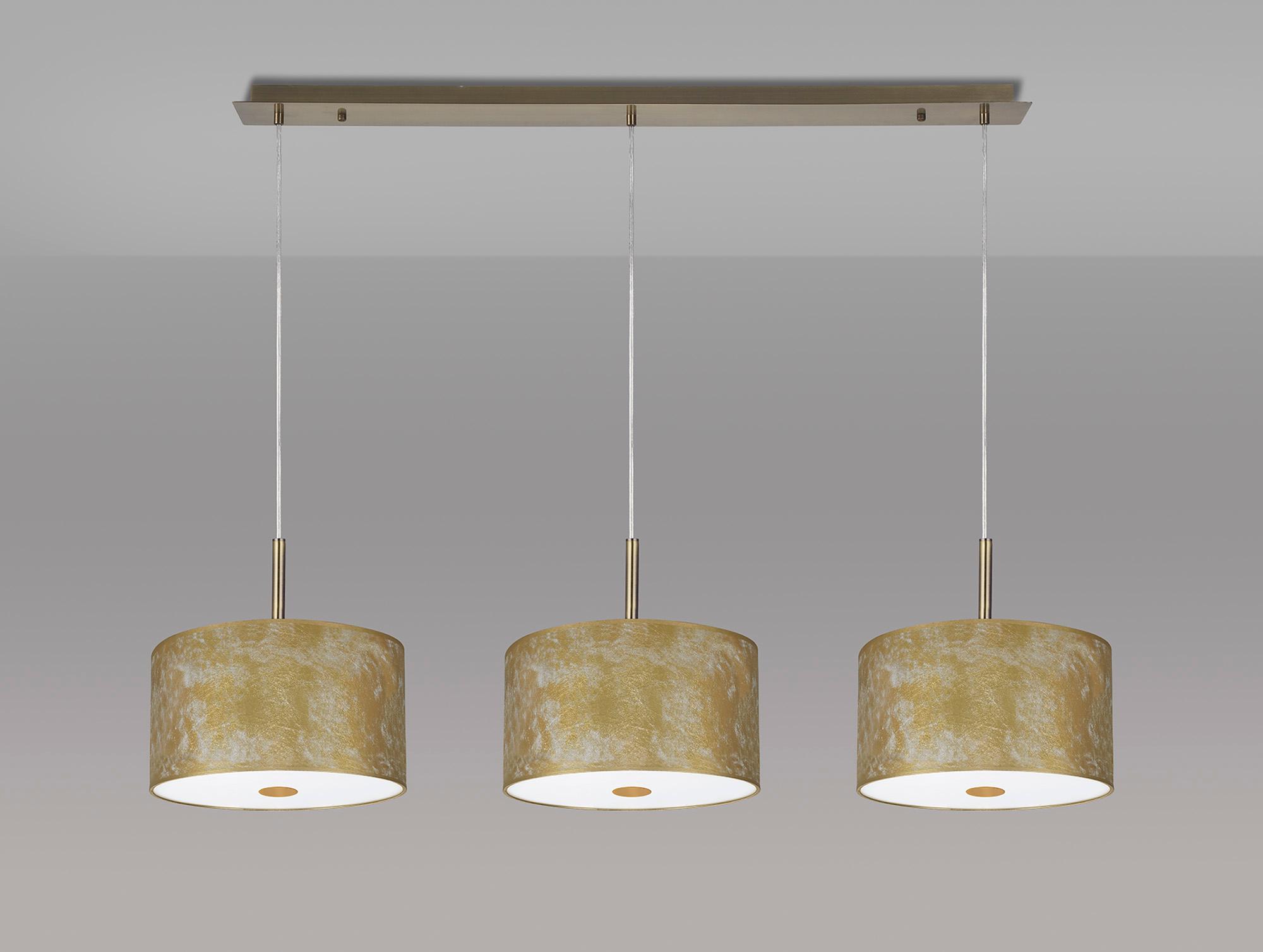 Baymont Antique Brass 3 Light E27  Linear Pendant With 30cm x 17cm Gold Leaf Shade With Frosted/AB Acrylic Diffuser 3m