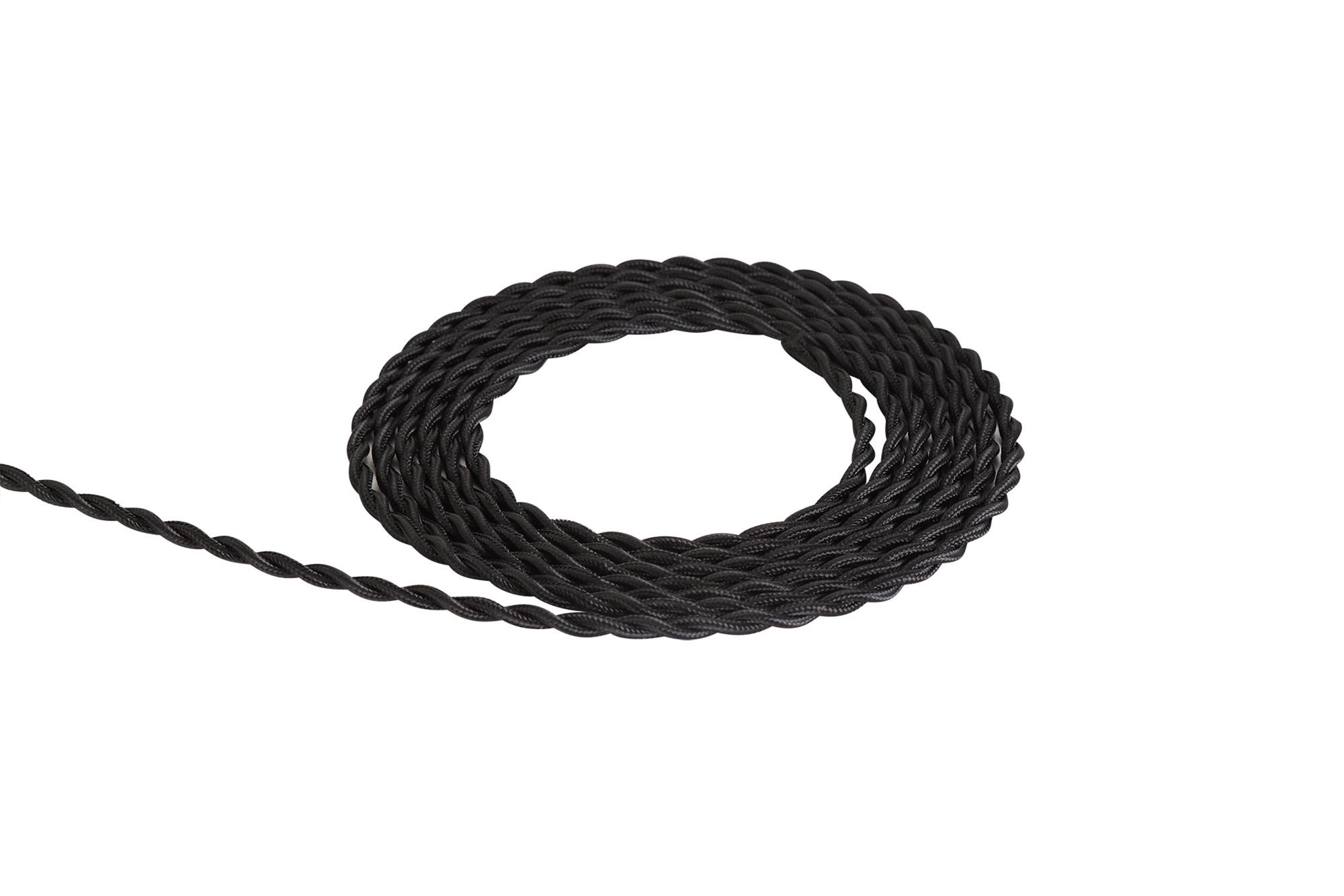 Cavo 1m Black Braided Twisted 2 Core 0.75mm Cable VDE Approved (qty ordered will be supplied as one continuous length)