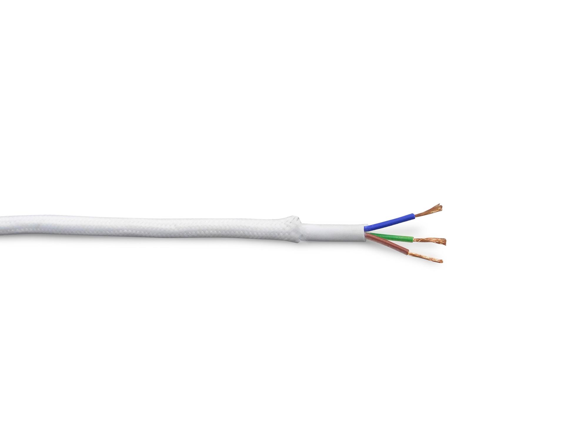 Cavo 1m White Braided 3 Core 0.75mm Cable VDE Approved (qty ordered will be supplied as one continuous length)