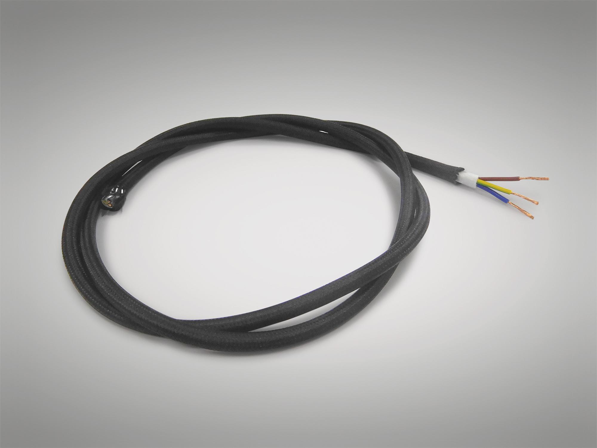 Cavo 1m Black Braided 3 Core 0.75mm Cable VDE Approved (qty ordered will be supplied as one continuous length)