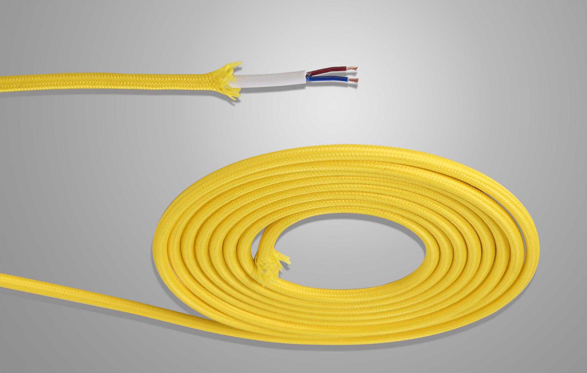 Cavo 1m Yellow Braided 2 Core 0.75mm Cable VDE Approved (qty ordered will be supplied as one continuous length)