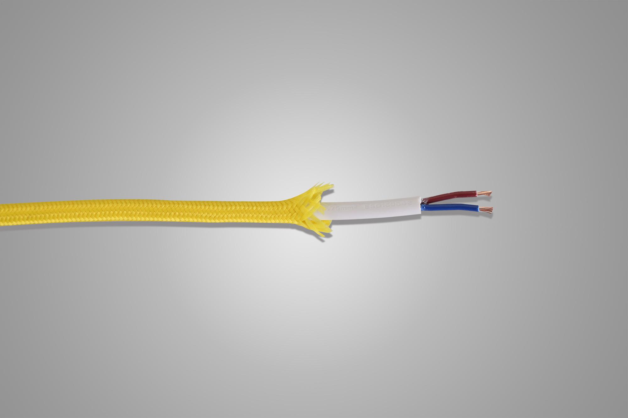 Cavo 1m Yellow Braided 2 Core 0.75mm Cable VDE Approved (qty ordered will be supplied as one continuous length)