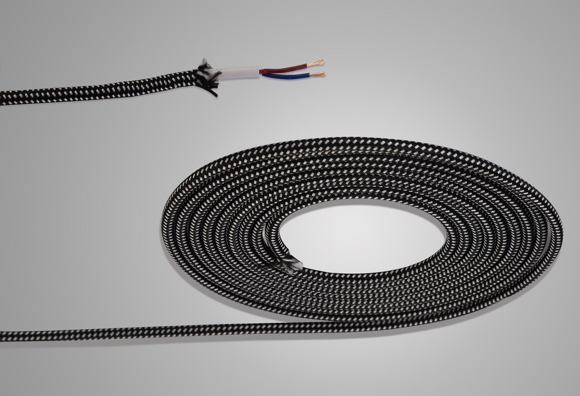 Cavo 1m Black & White Spot Braided 2 Core 0.75mm Cable VDE Approved (qty ordered will be supplied as one continuous length)