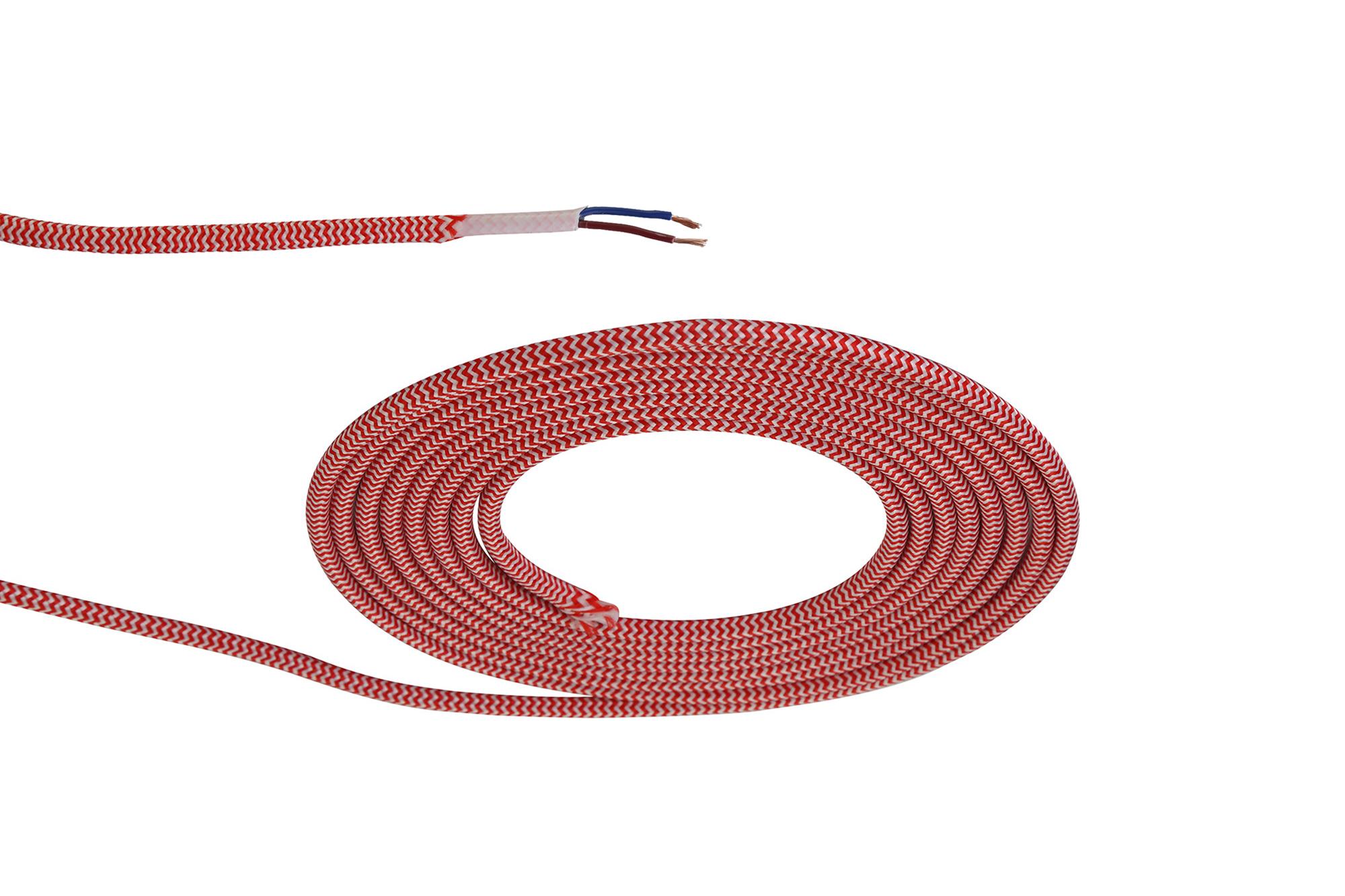Cavo 1m Red & White Wave Stripes Braided 2 Core 0.75mm Cable VDE Approved (qty ordered will be supplied as one continuous length)