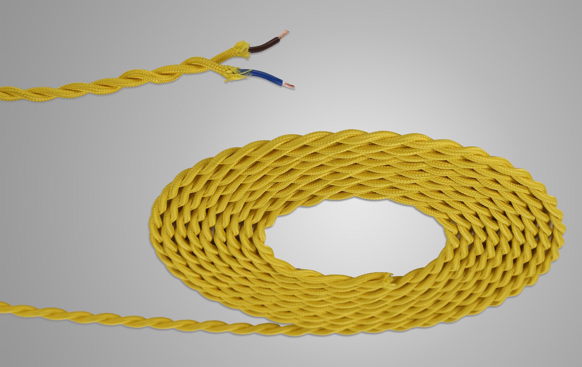 Cavo 1m Yellow Braided Twisted 2 Core 0.75mm Cable VDE Approved (qty ordered will be supplied as one continuous length)