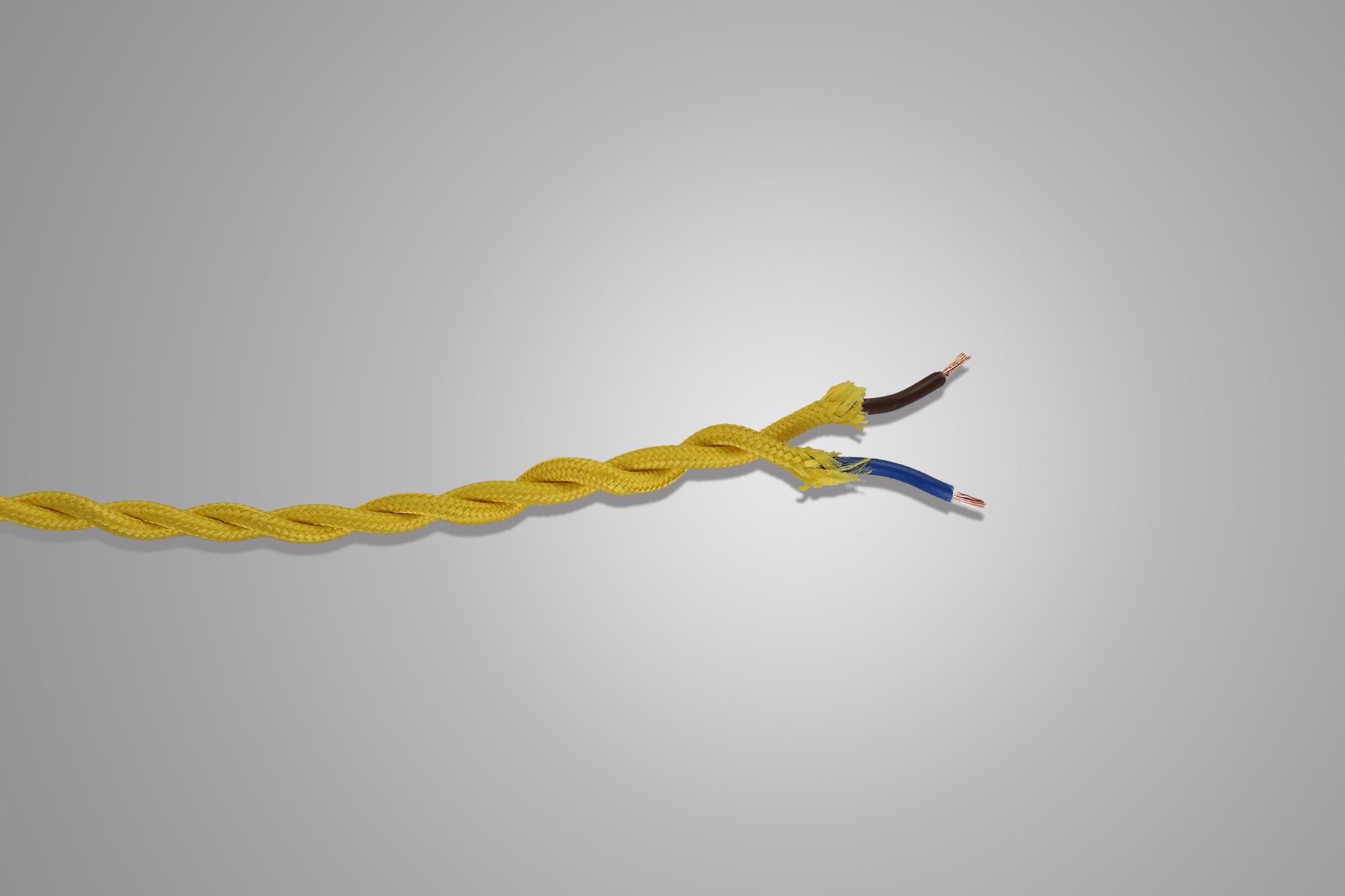Cavo 1m Yellow Braided Twisted 2 Core 0.75mm Cable VDE Approved (qty ordered will be supplied as one continuous length)