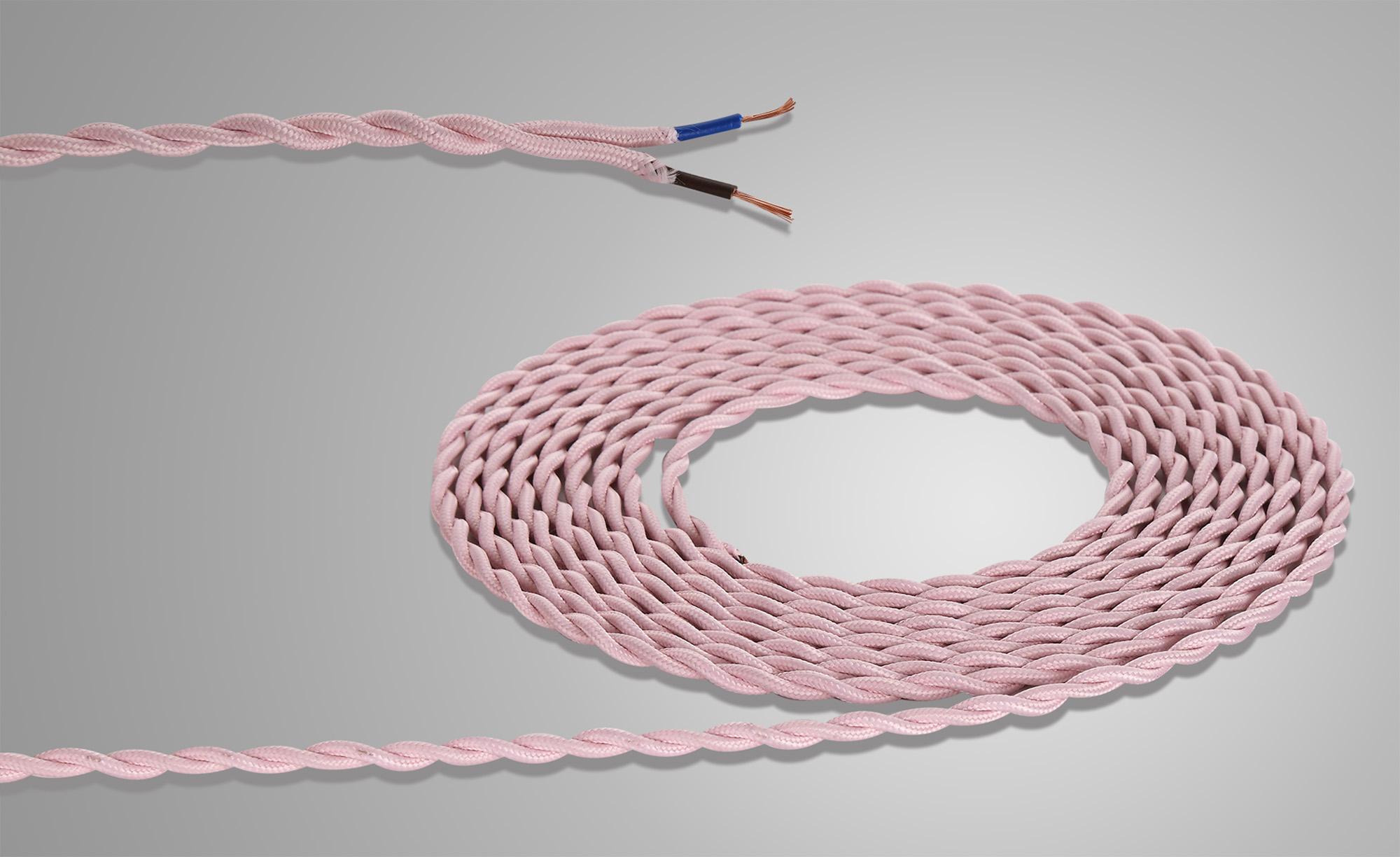 Cavo 1m Pink Braided Twisted 2 Core 0.75mm Cable VDE Approved (qty ordered will be supplied as one continuous length)
