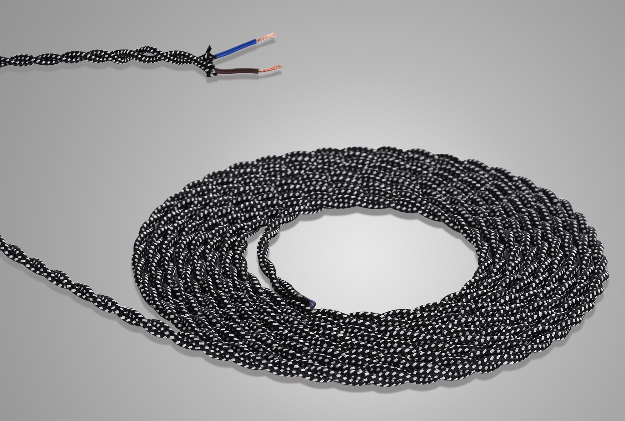 Cavo 1m Black & White Spot Braided Twisted 2 Core 0.75mm Cable VDE Approved (qty ordered will be supplied as one continuous length)