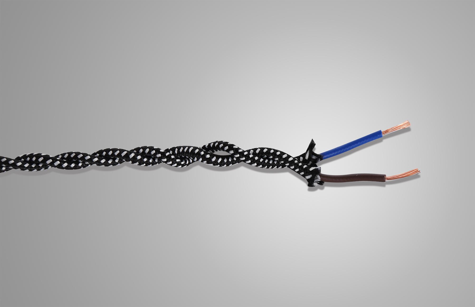 Cavo 1m Black & White Spot Braided Twisted 2 Core 0.75mm Cable VDE Approved (qty ordered will be supplied as one continuous length)
